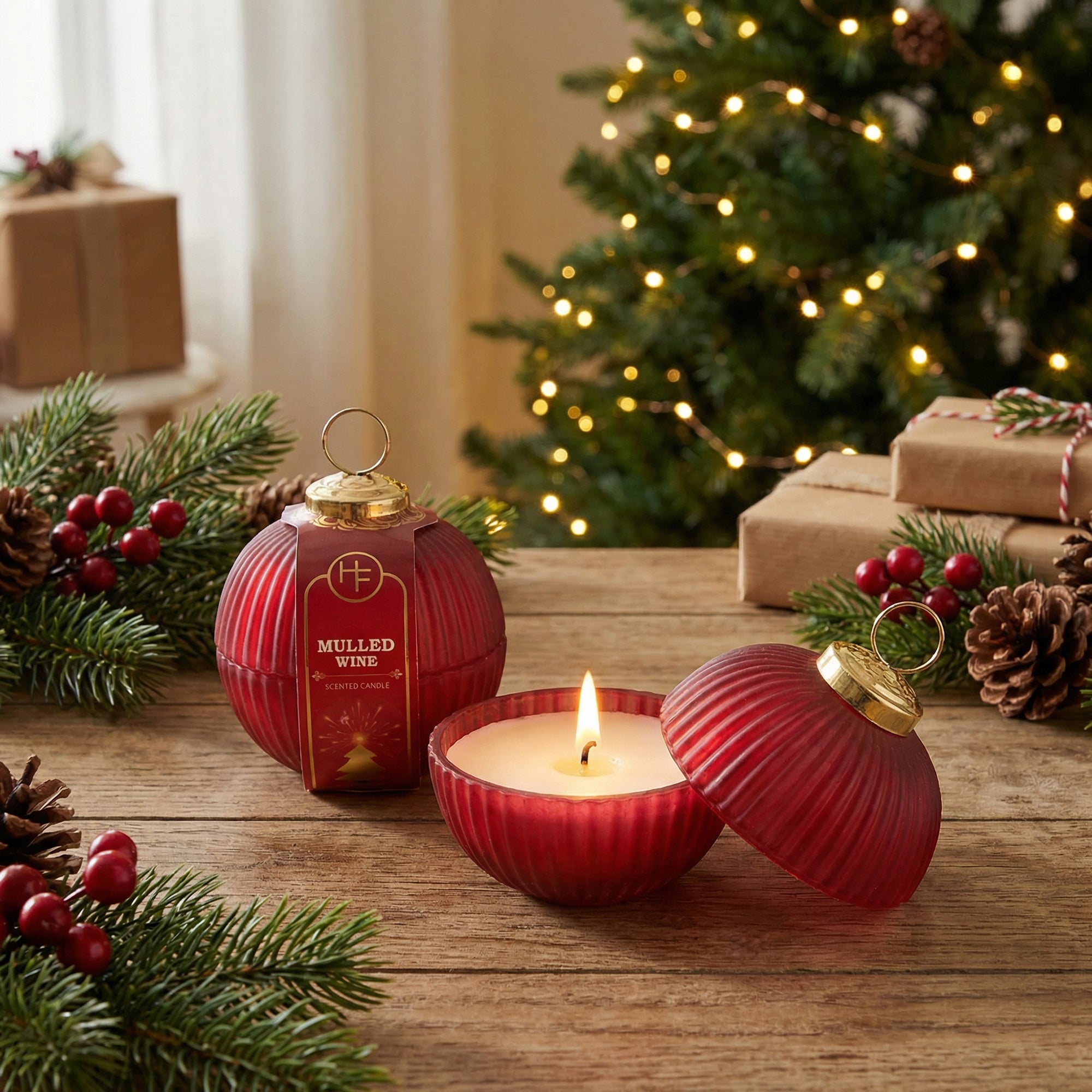 2.3oz Scented Candle in Ribbed Glass Ornament Jar Mulled Wine, Scented Candle, Holiday Decor- Set of 2