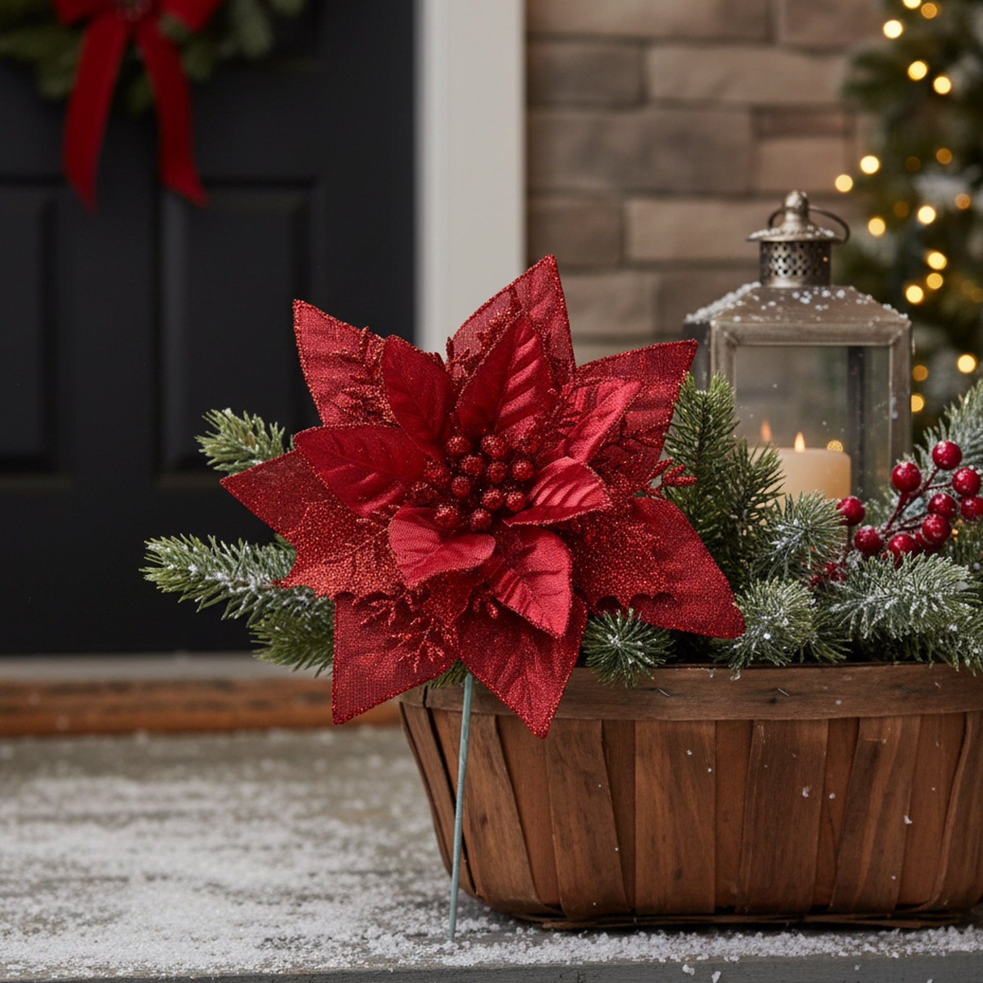 Red Metallic Poinsettia Pick with Glitter Accent, Christmas, Holiday Decor- Set of 6