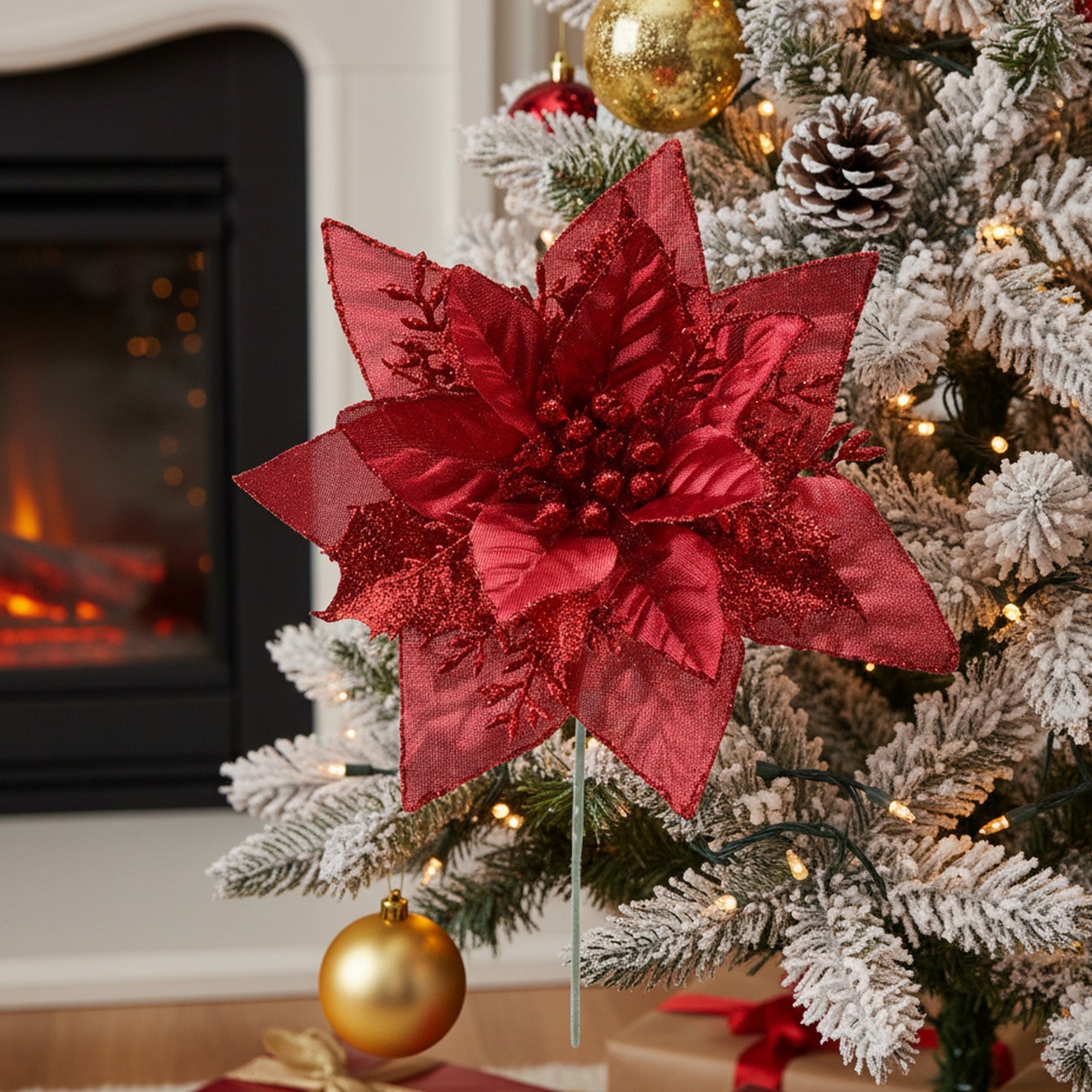 Red Metallic Poinsettia Pick with Glitter Accent, Christmas, Holiday Decor- Set of 6