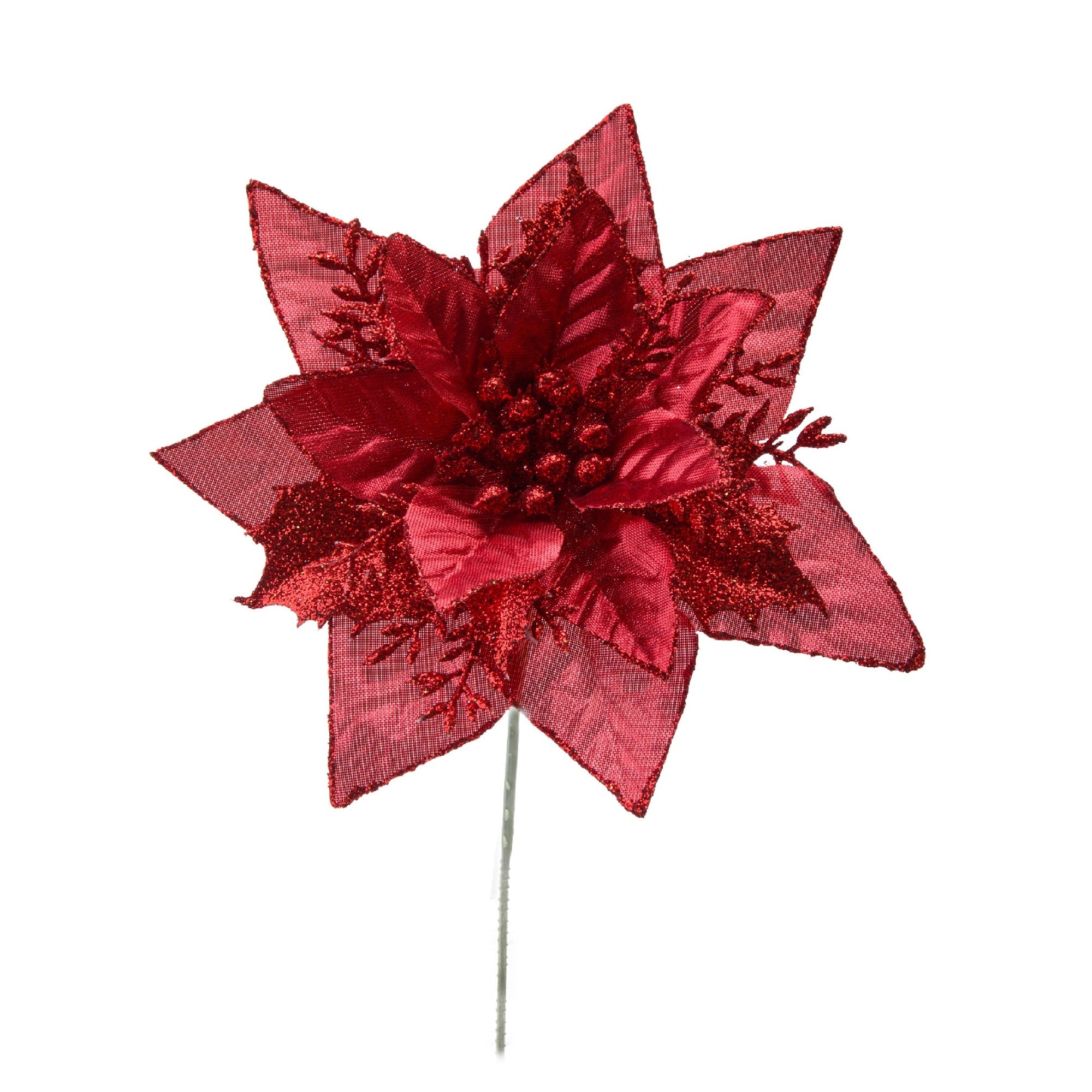 Red Metallic Poinsettia Pick with Glitter Accent, Christmas, Holiday Decor- Set of 6