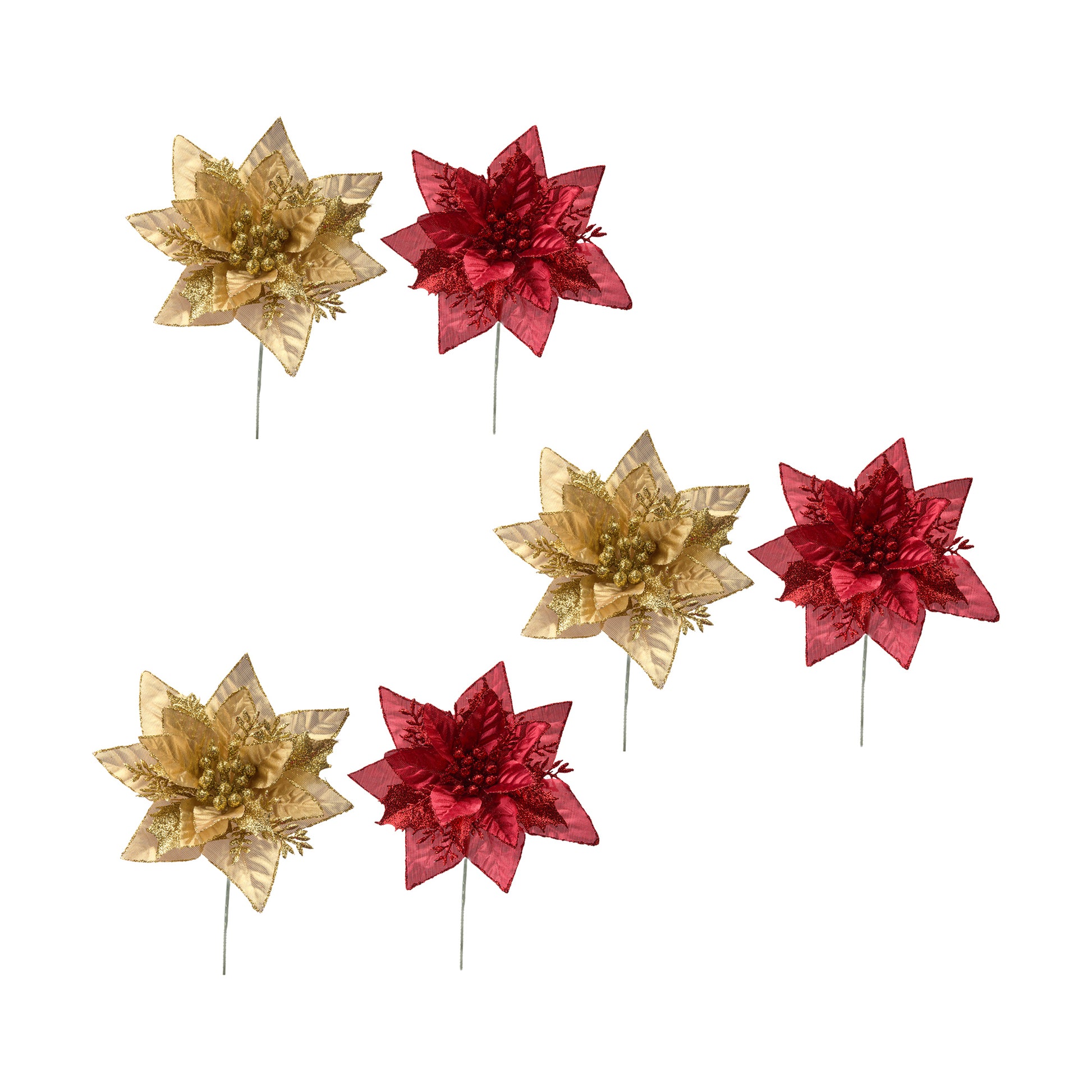 Red Metallic Poinsettia Pick with Glitter Accent, Christmas, Holiday Decor- Set of 6