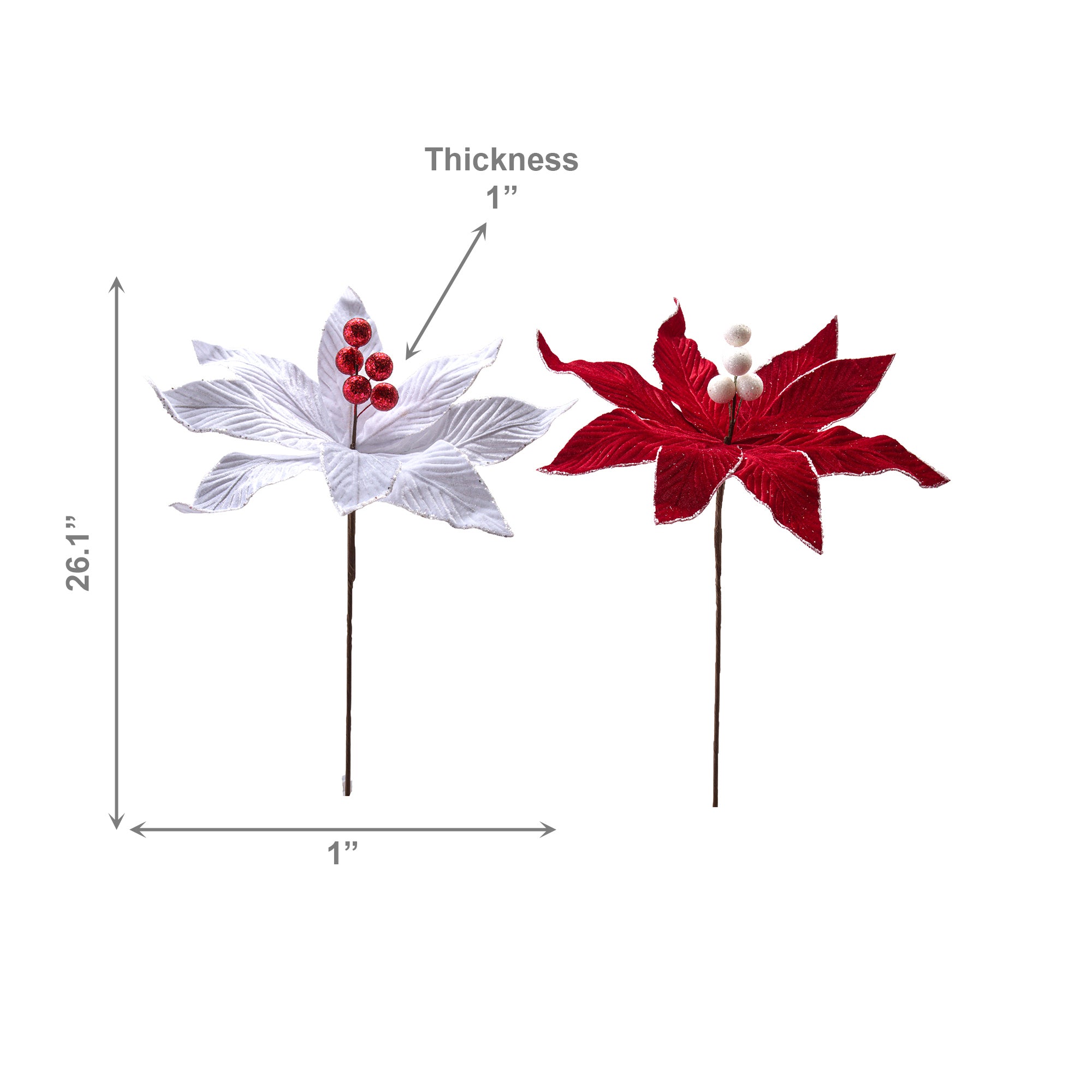 White Velvet Poinsettia Pick with Debossed Veins, Christmas, Holiday Decor- Set of 6