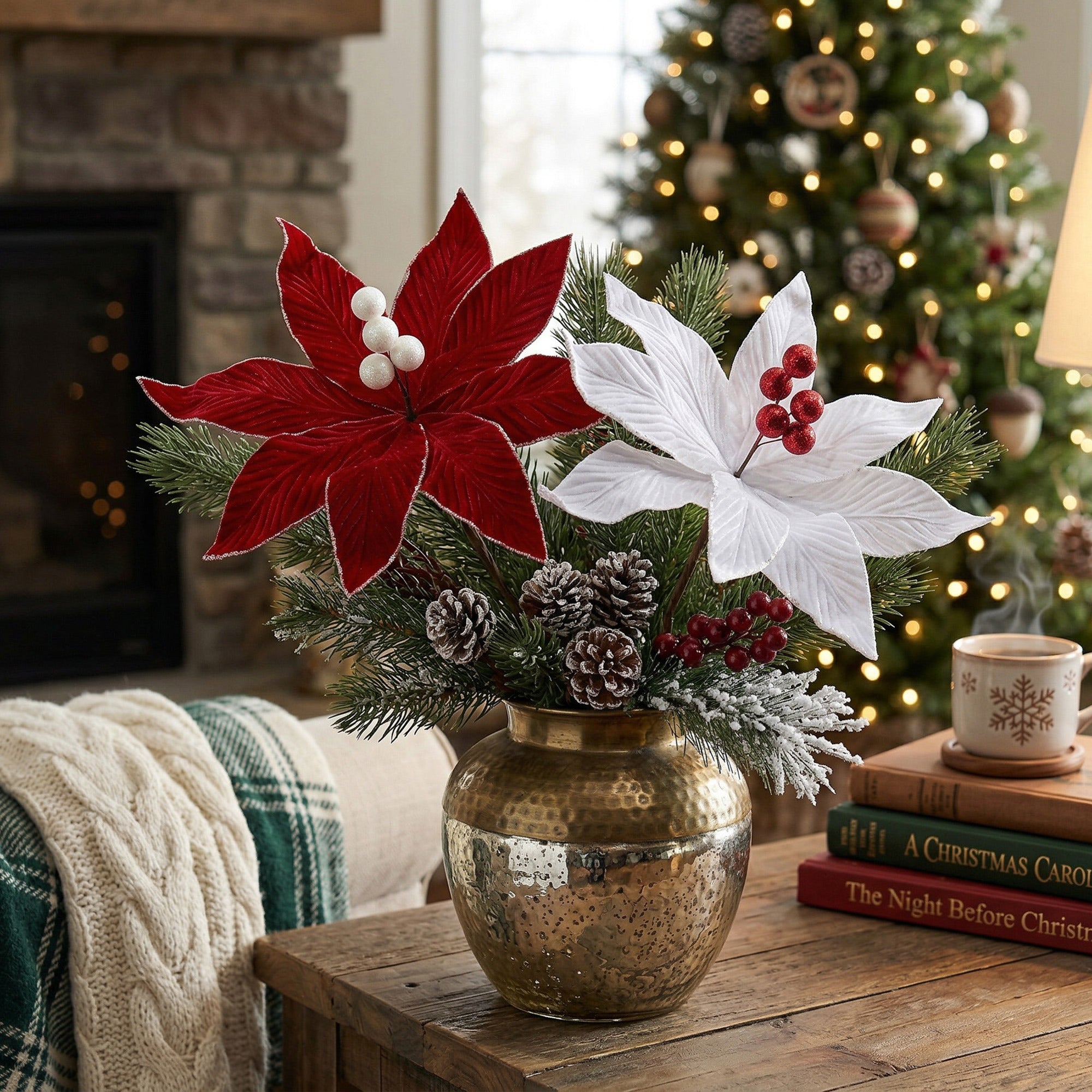 White Velvet Poinsettia Pick with Debossed Veins, Christmas, Holiday Decor- Set of 6