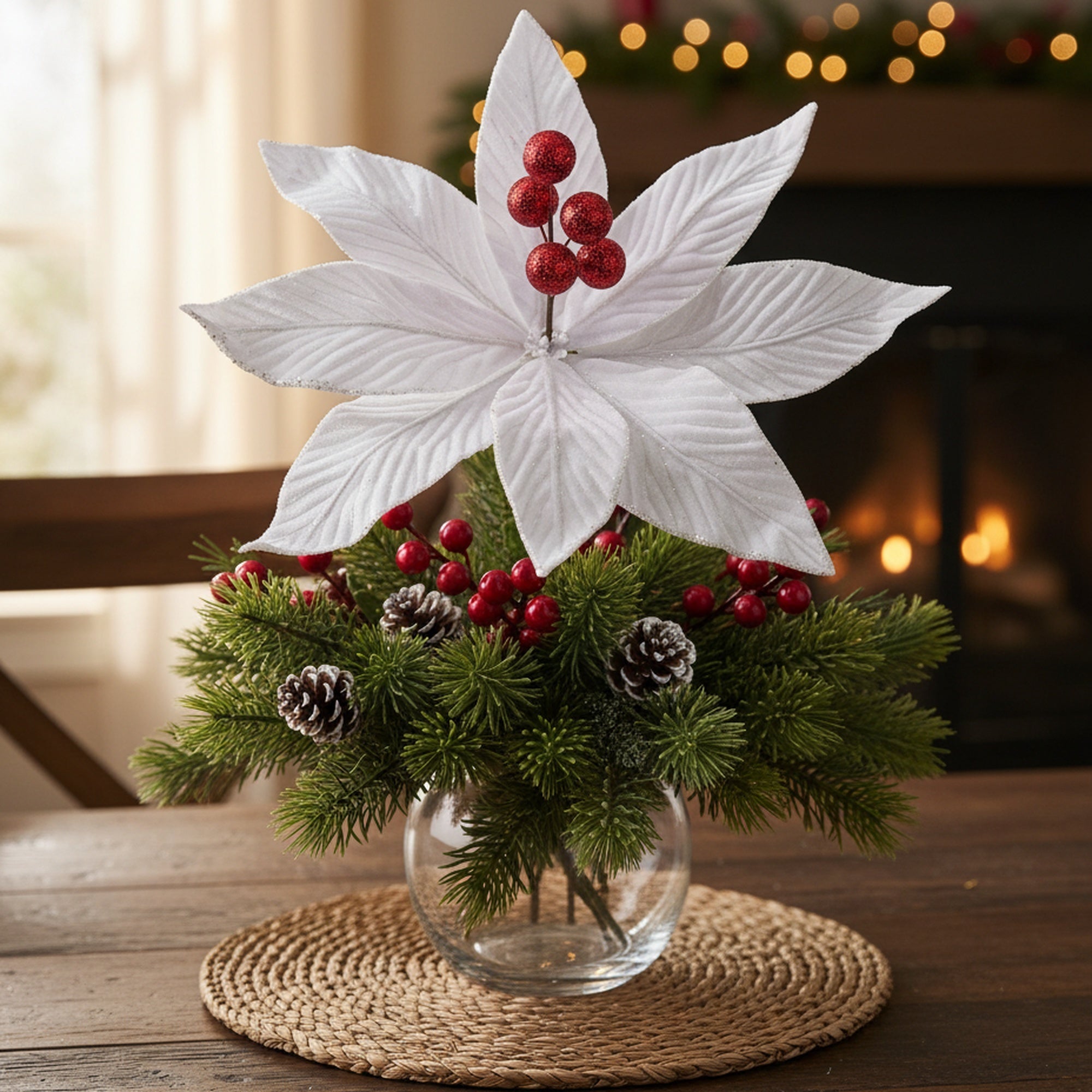 White Velvet Poinsettia Pick with Debossed Veins, Christmas, Holiday Decor- Set of 6