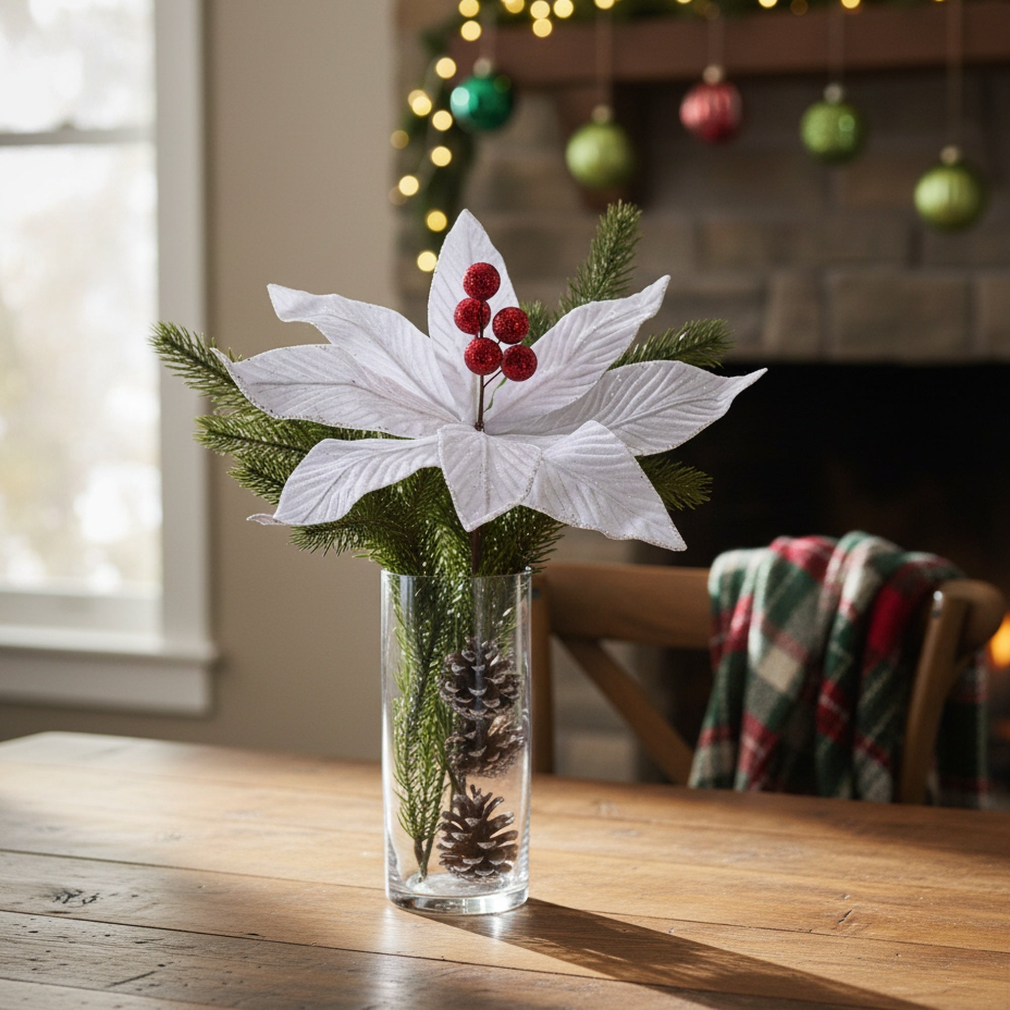 White Velvet Poinsettia Pick with Debossed Veins, Christmas, Holiday Decor- Set of 6