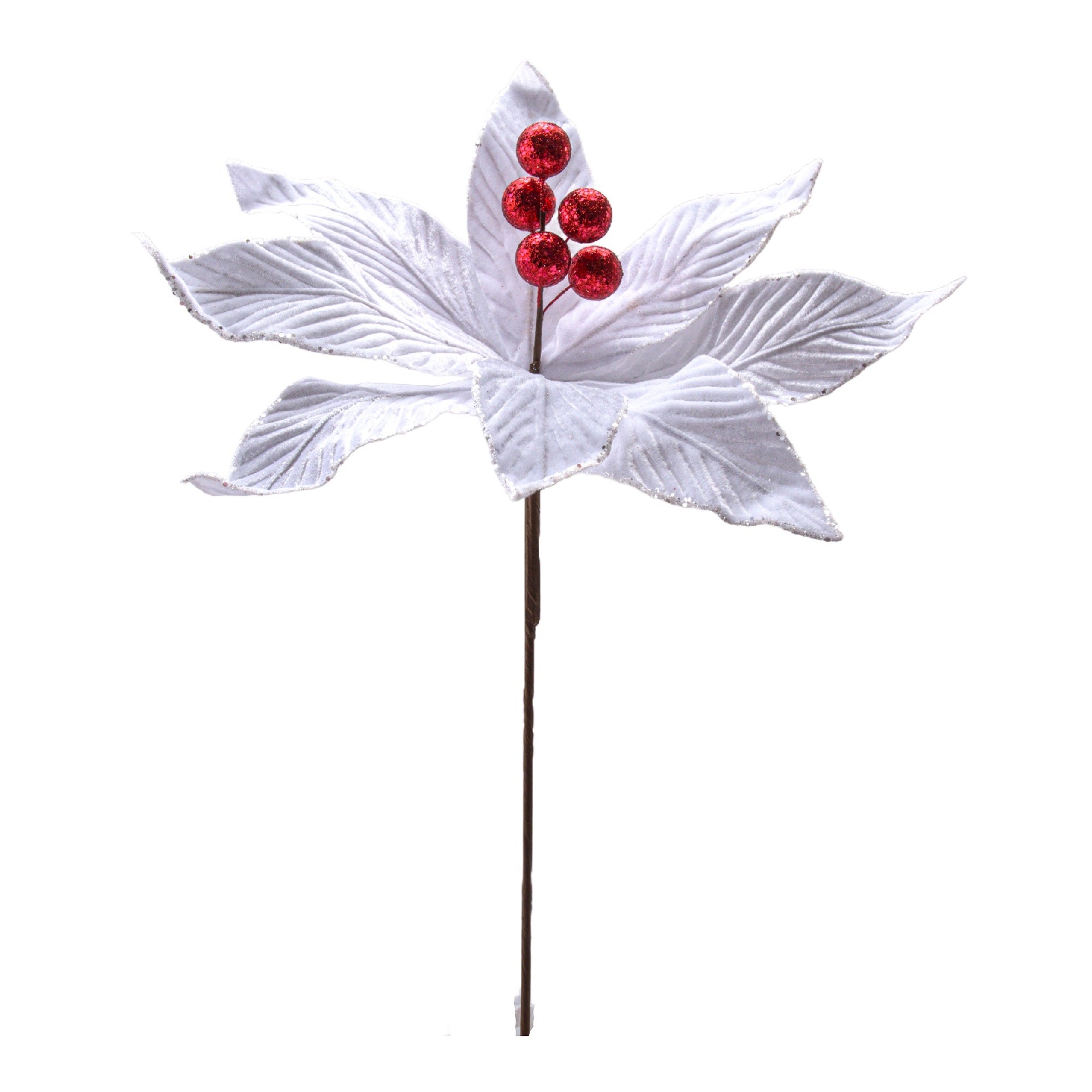 White Velvet Poinsettia Pick with Debossed Veins, Christmas, Holiday Decor- Set of 6