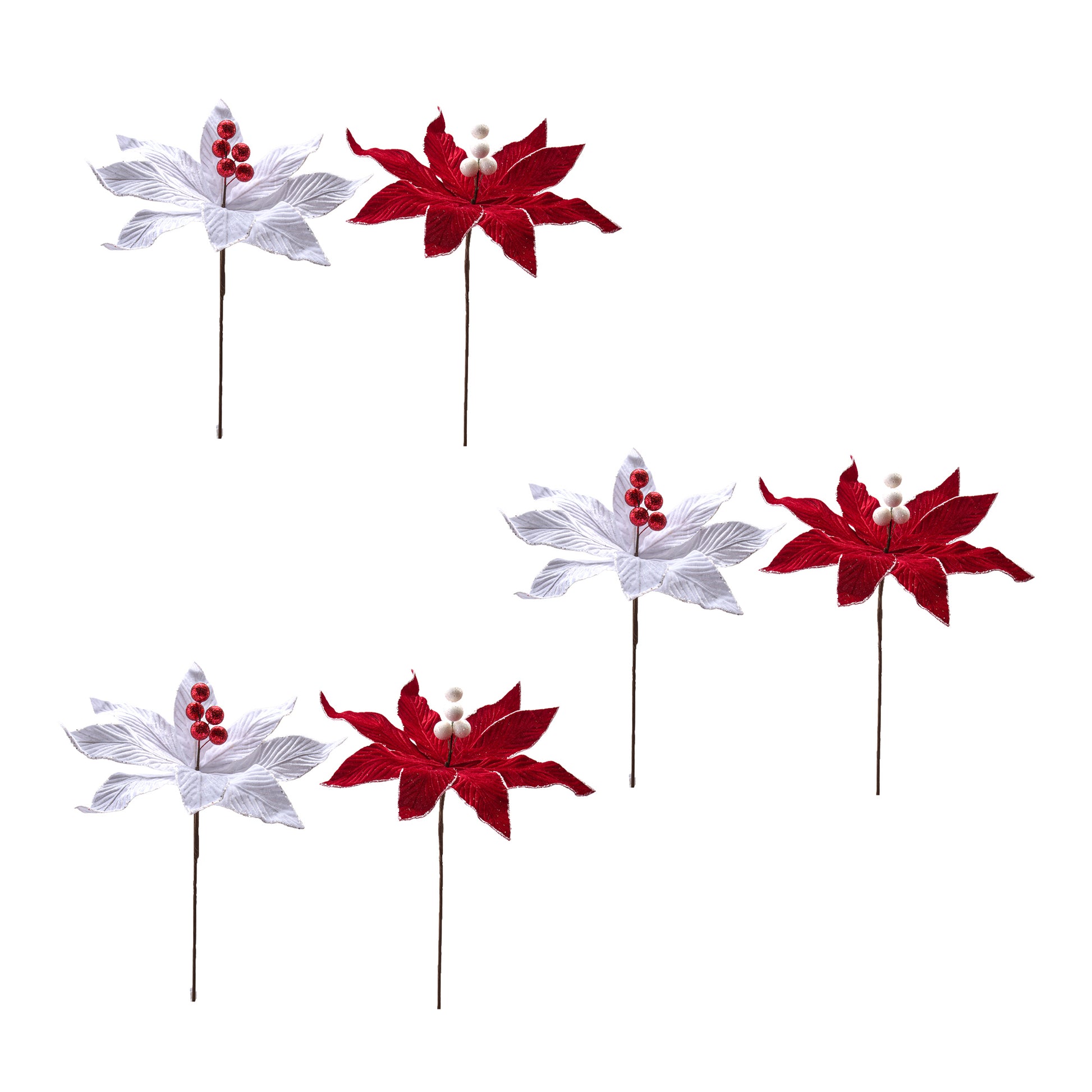 White Velvet Poinsettia Pick with Debossed Veins, Christmas, Holiday Decor- Set of 6