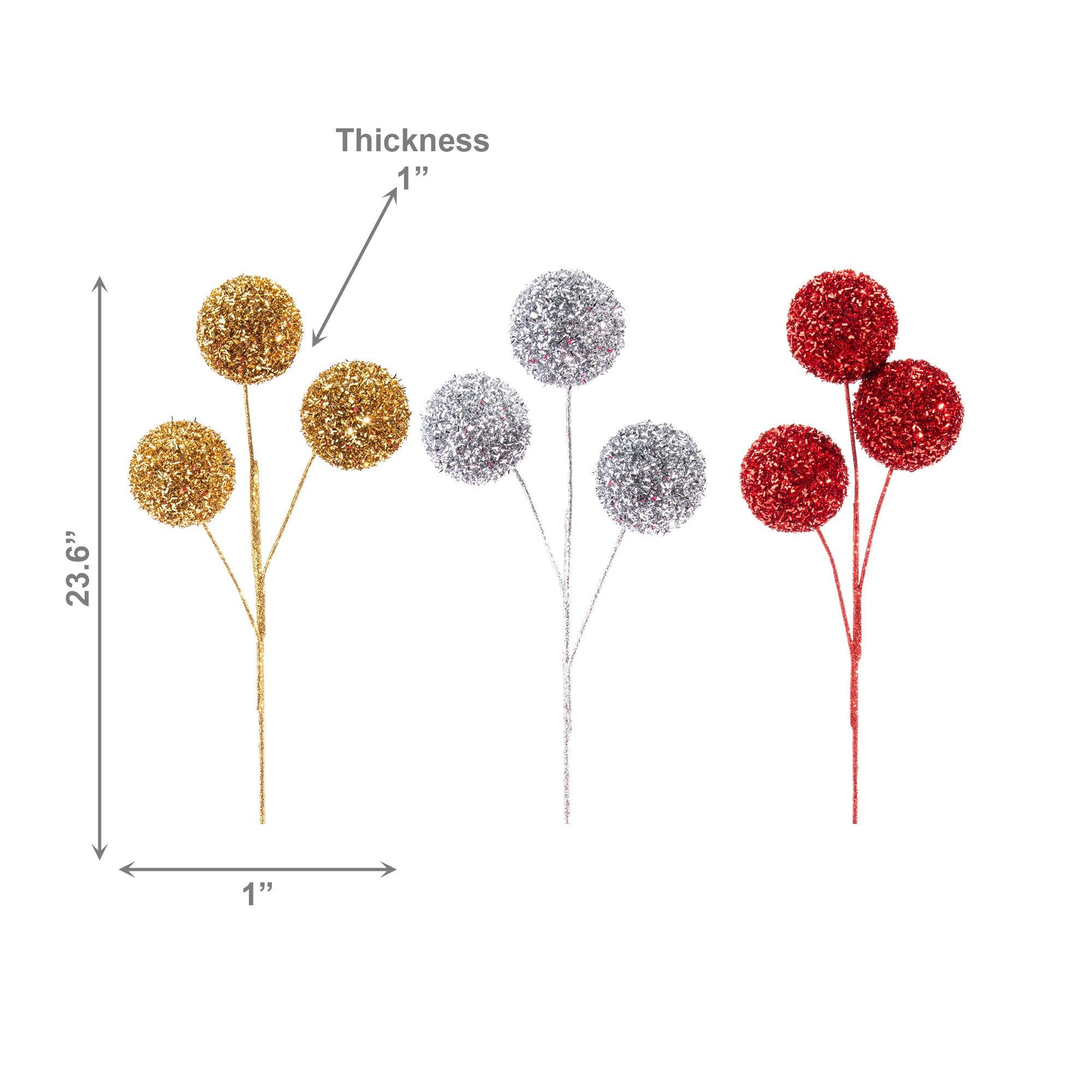 Glitter 3 Head Ball Pick Assorted, Floral Pick, Holiday Decor- Set of 3