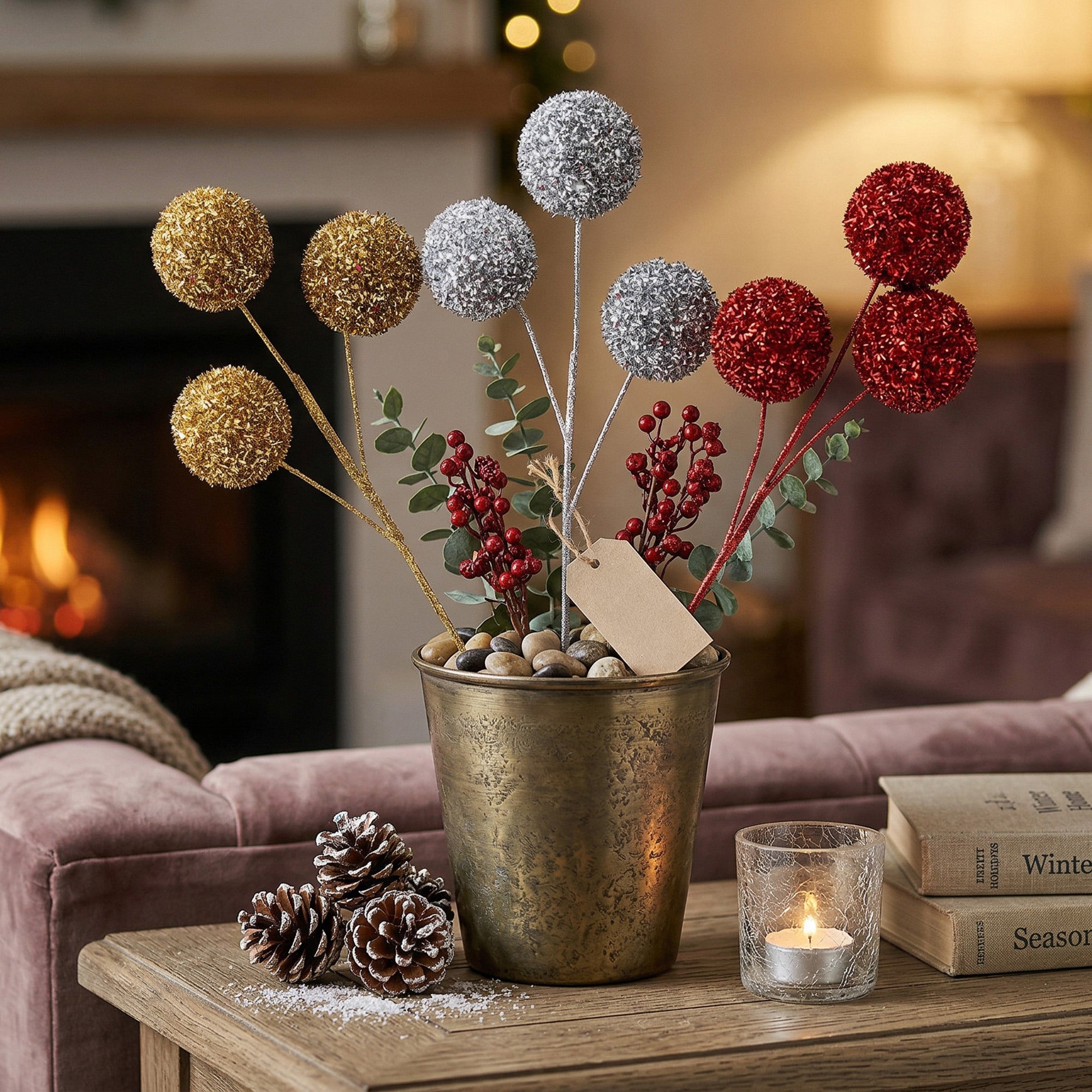 Glitter 3 Head Ball Pick Assorted, Floral Pick, Holiday Decor- Set of 3