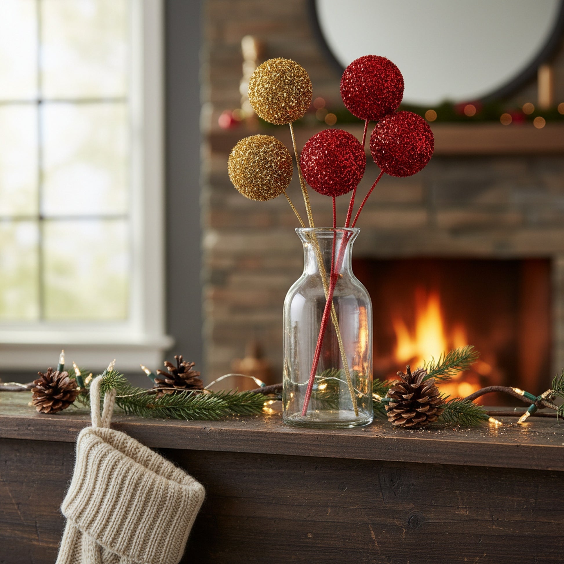 Glitter 3 Head Ball Pick Assorted, Floral Pick, Holiday Decor- Set of 3