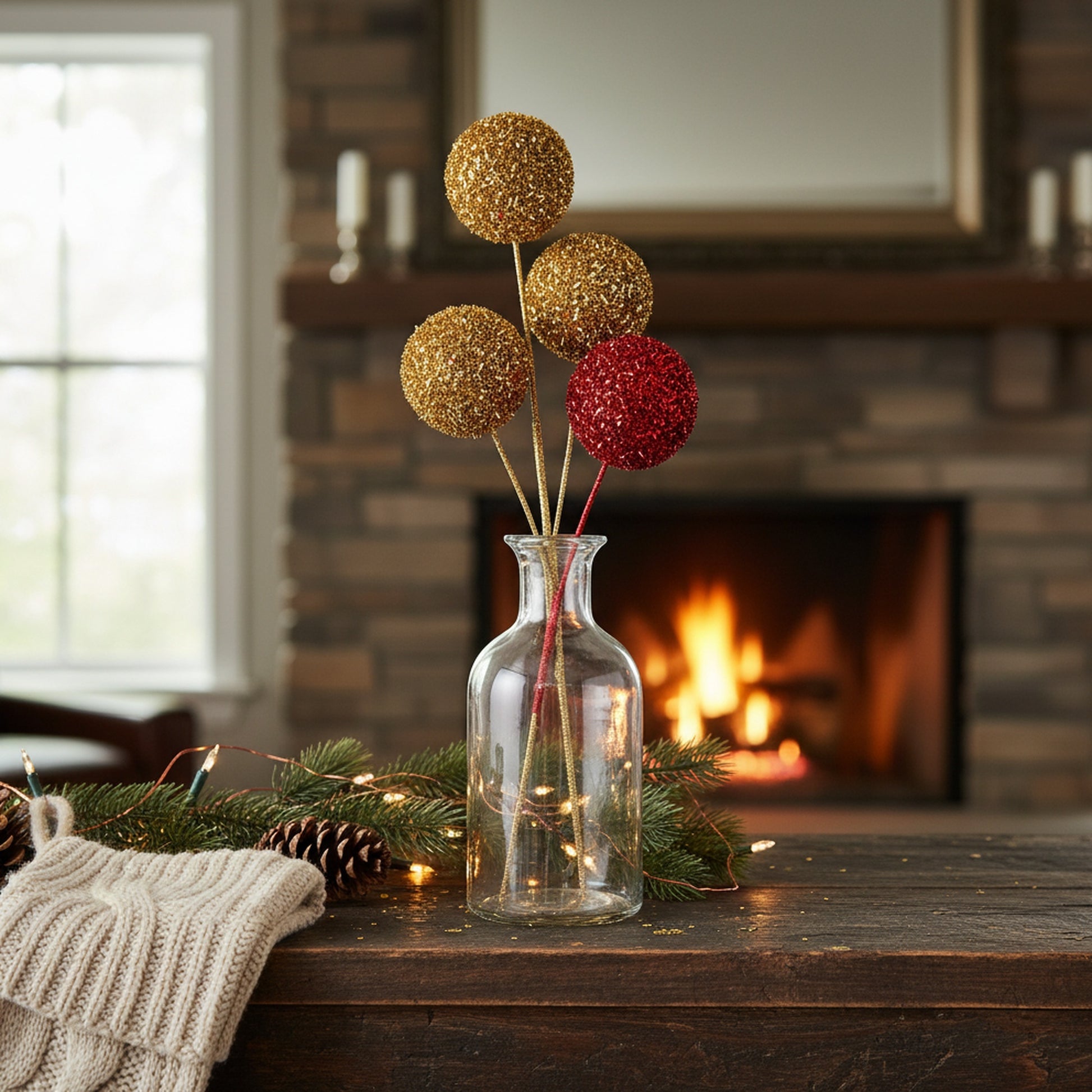 Glitter 3 Head Ball Pick Assorted, Floral Pick, Holiday Decor- Set of 3
