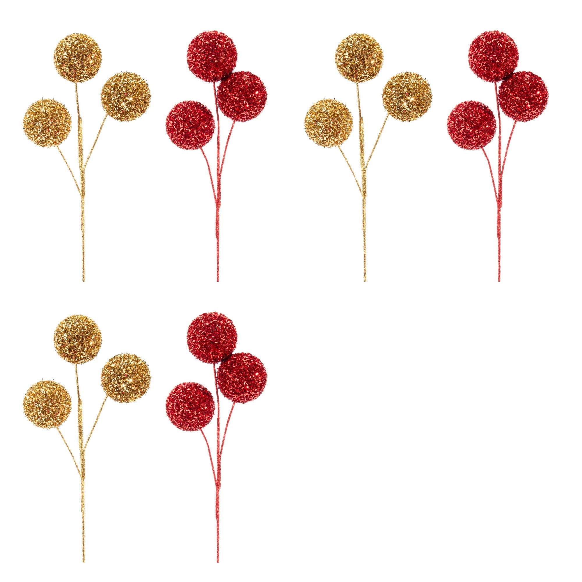Glitter 3 Head Ball Pick Assorted, Floral Pick, Holiday Decor- Set of 3