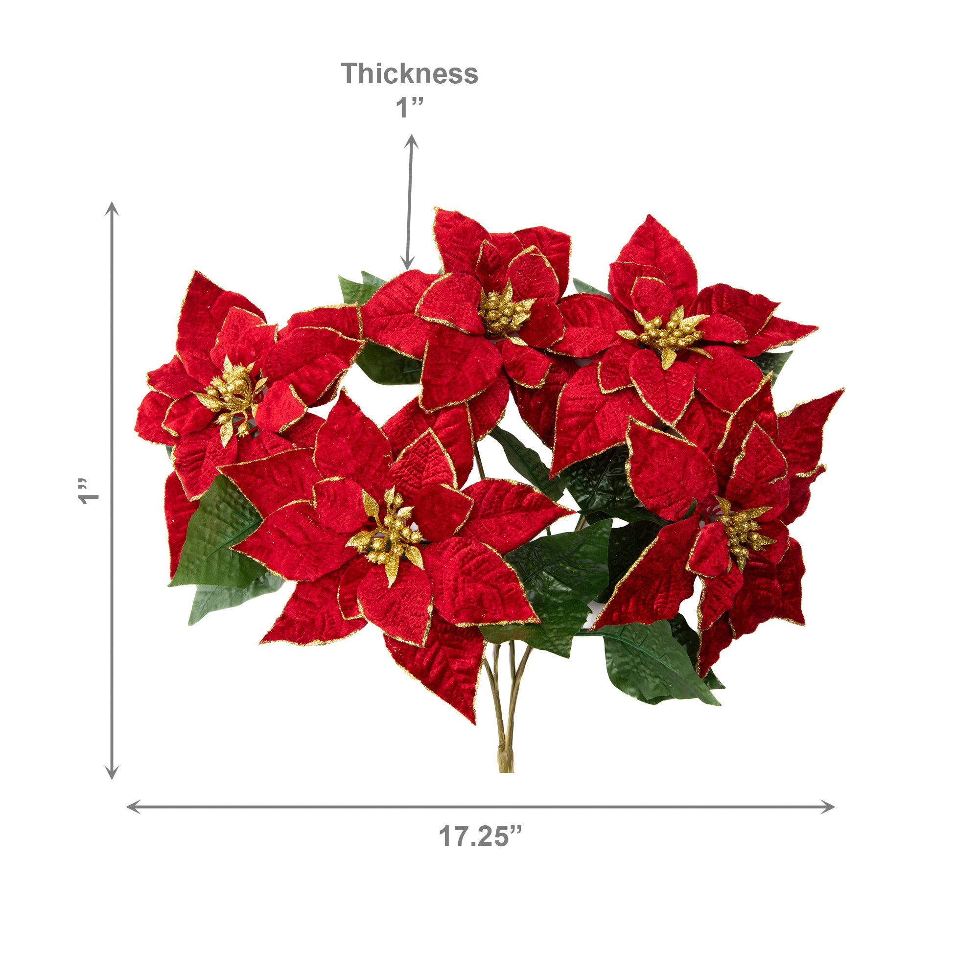 5 Head Red Velvet with Gold Glitter Poinsettia Bouquet, Christmas, Holiday Decor