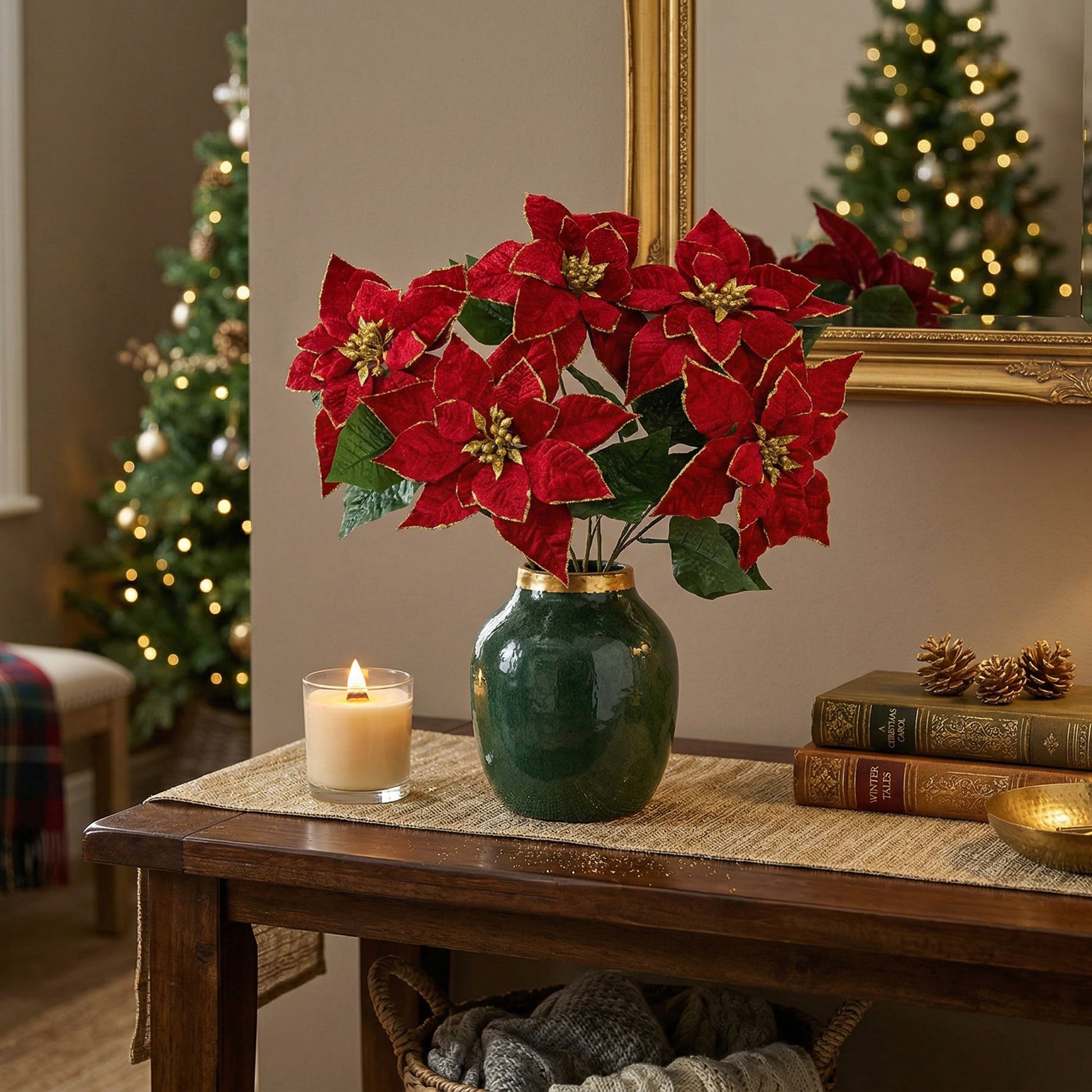 5 Head Red Velvet with Gold Glitter Poinsettia Bouquet, Christmas, Holiday Decor