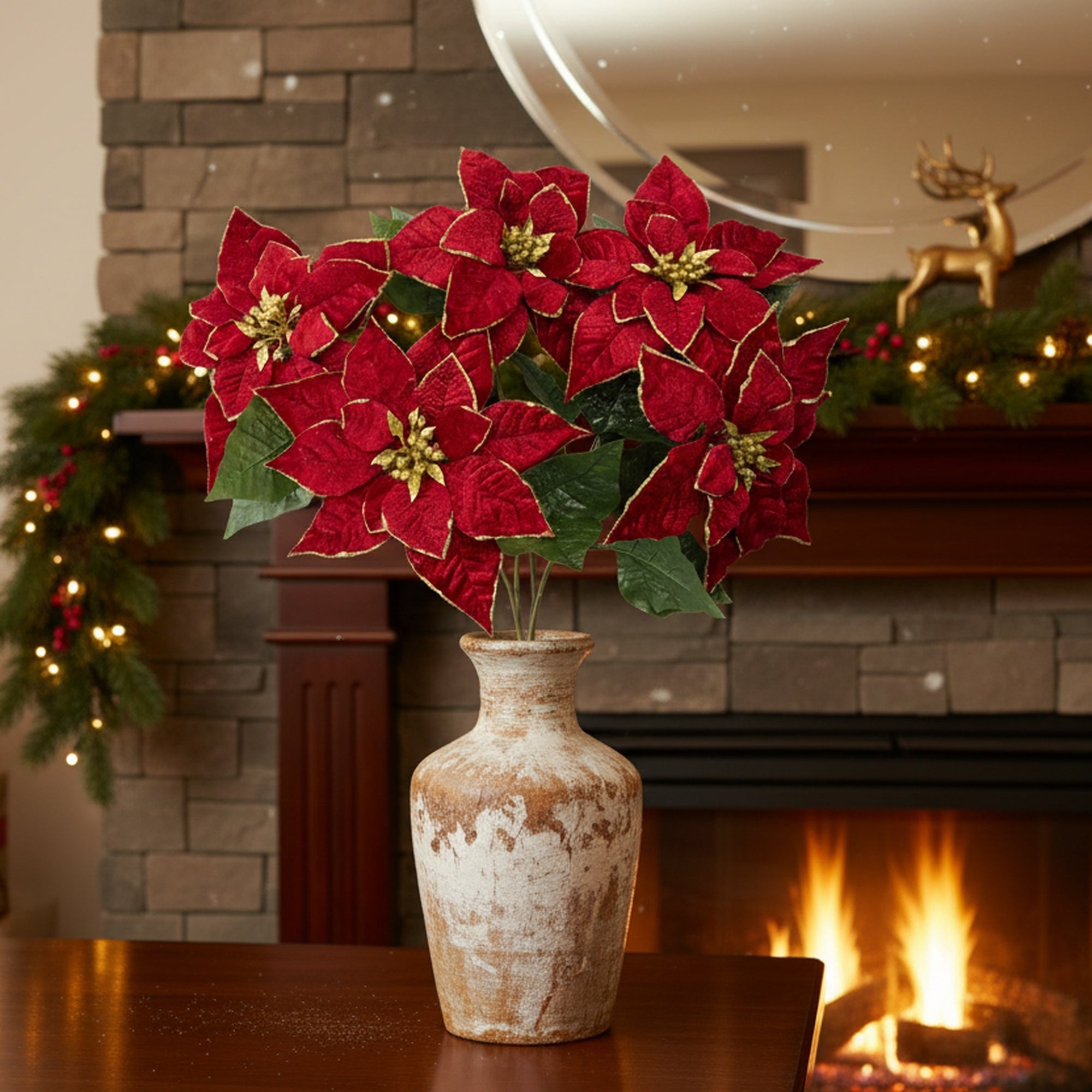 5 Head Red Velvet with Gold Glitter Poinsettia Bouquet, Christmas, Holiday Decor
