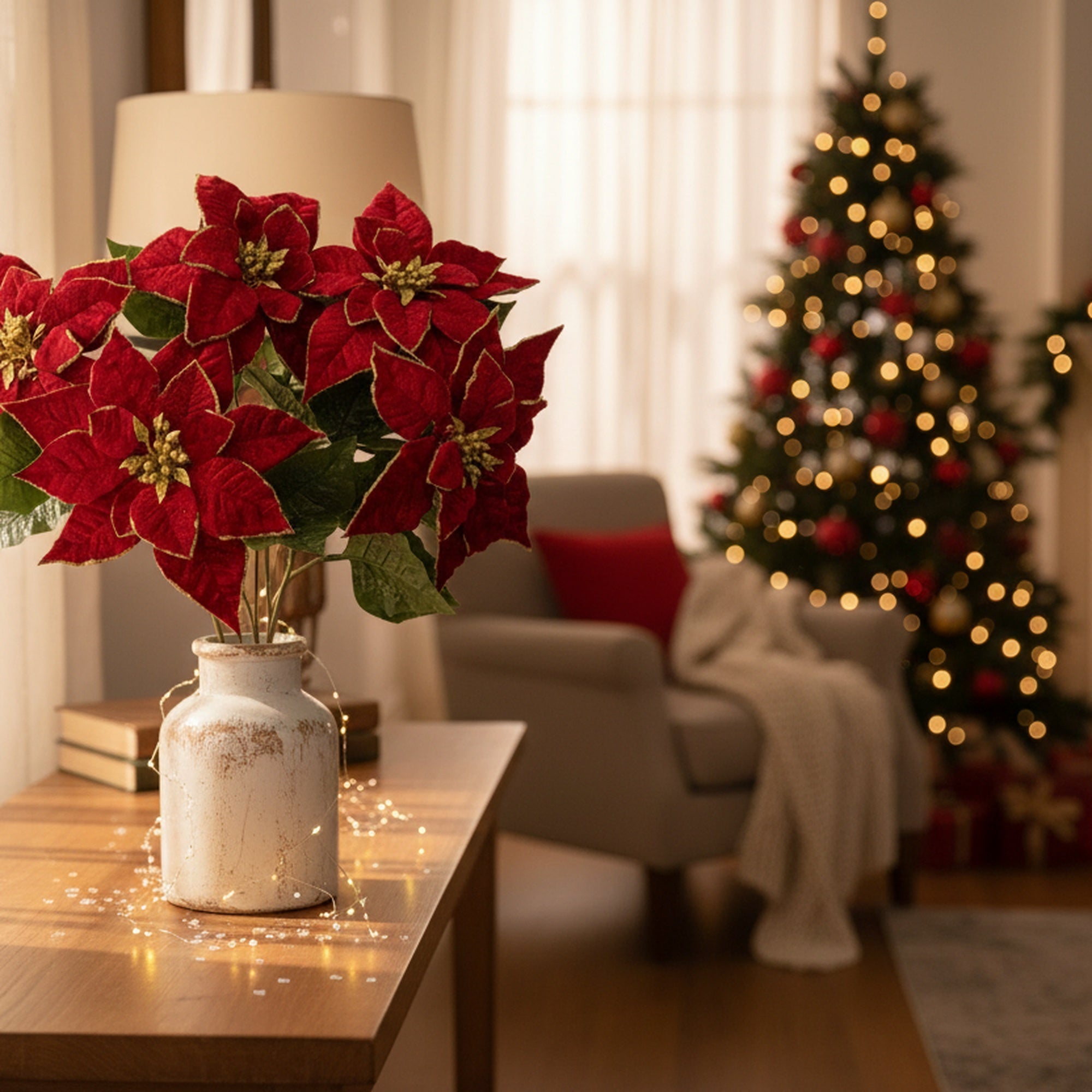 5 Head Red Velvet with Gold Glitter Poinsettia Bouquet, Christmas, Holiday Decor