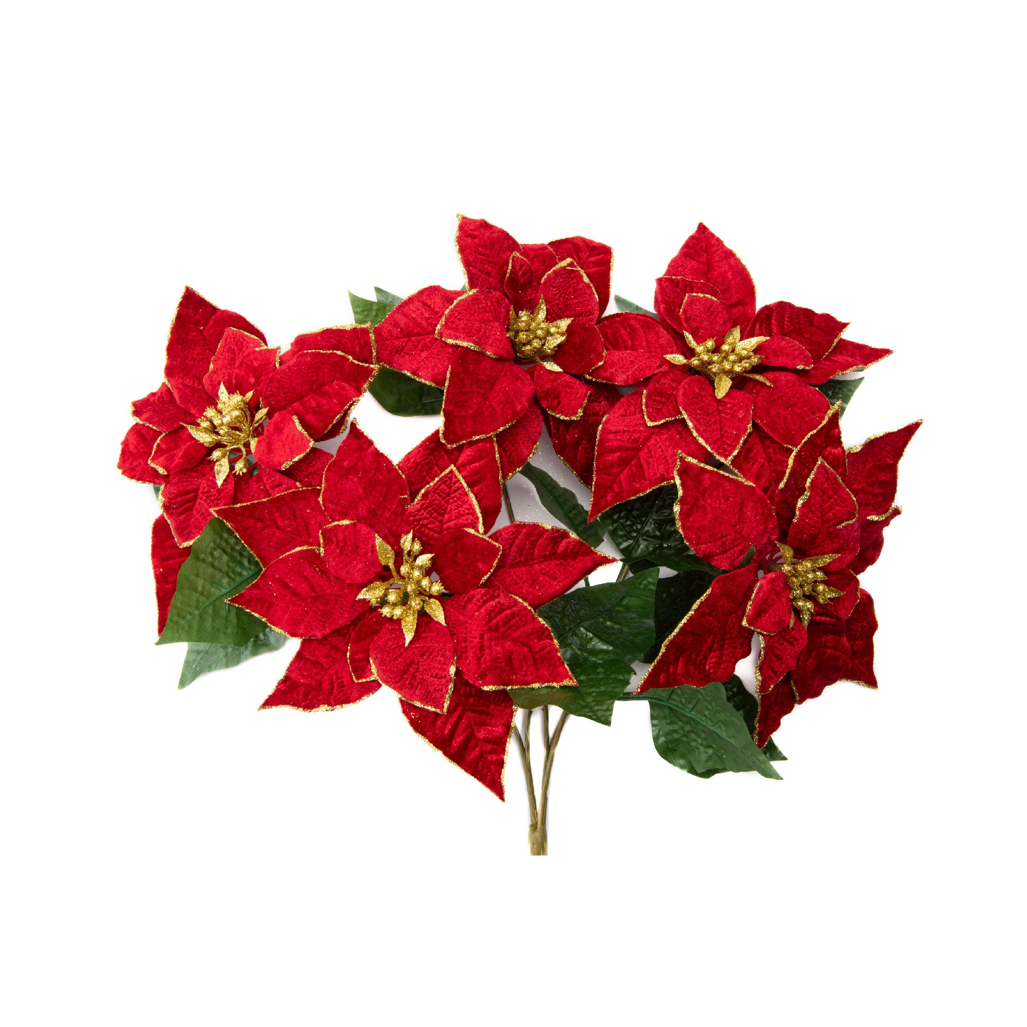 5 Head Red Velvet with Gold Glitter Poinsettia Bouquet, Christmas, Holiday Decor
