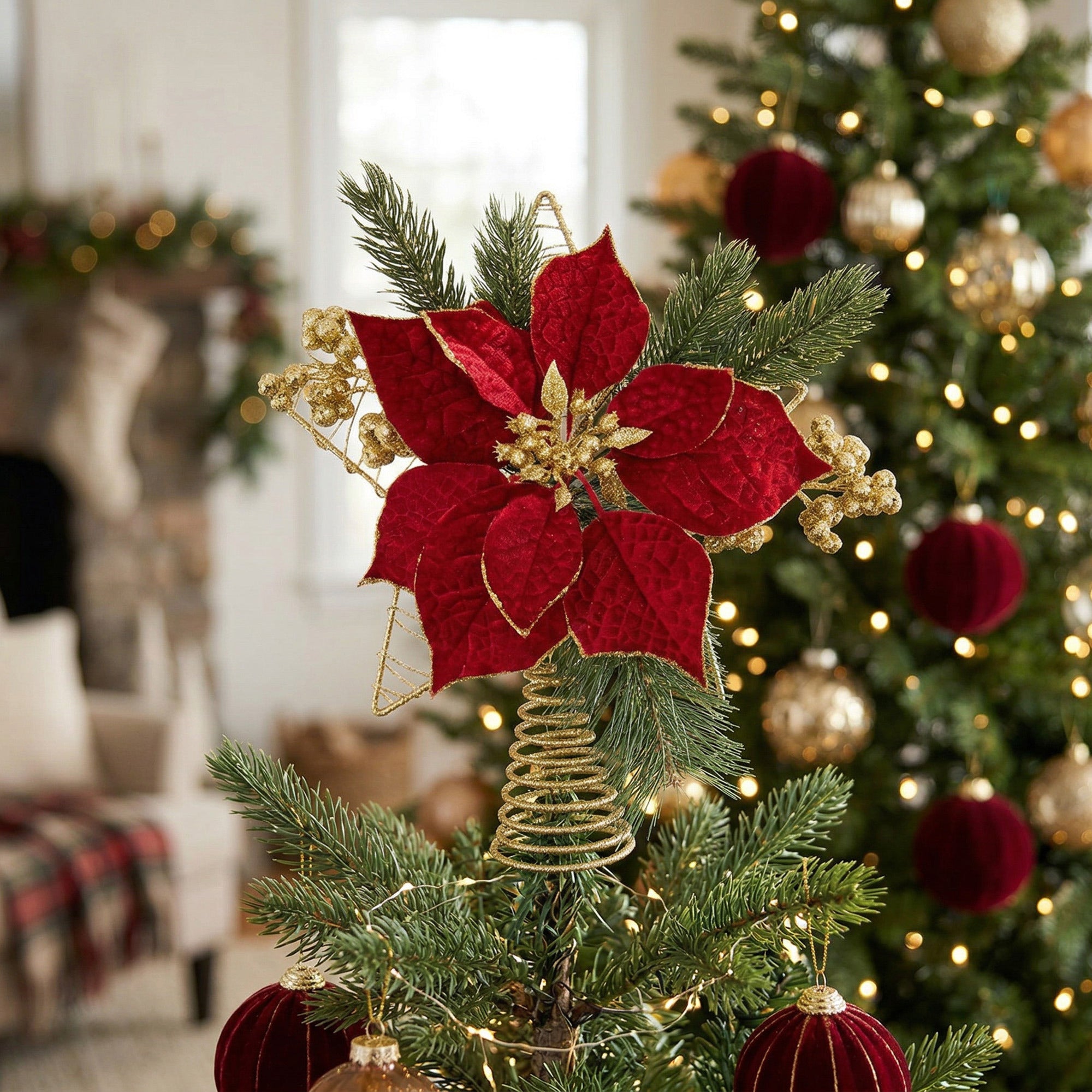 Velvet Poinsettia and Star Tree Topper Red, Christmas, Holiday Decor