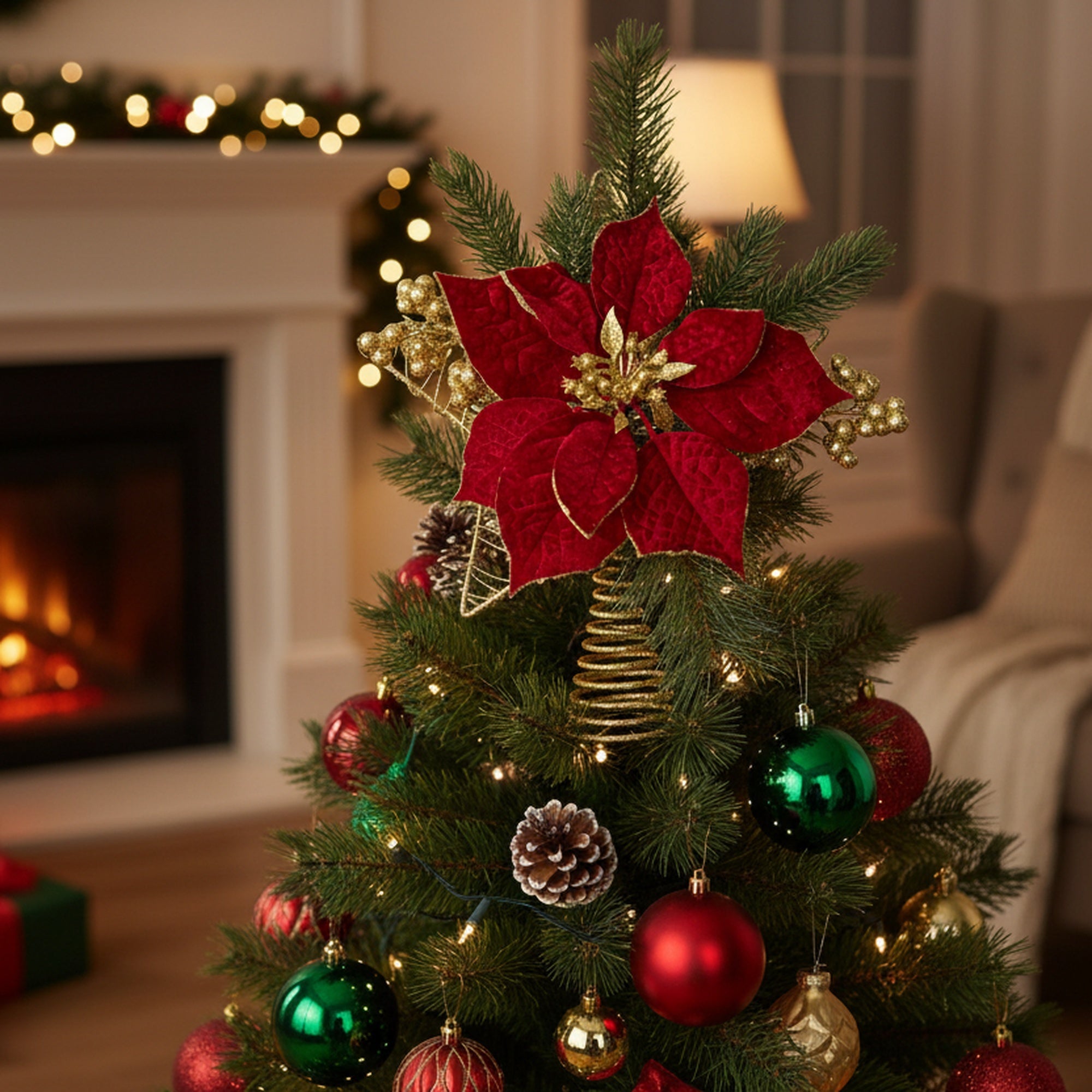 Velvet Poinsettia and Star Tree Topper Red, Christmas, Holiday Decor