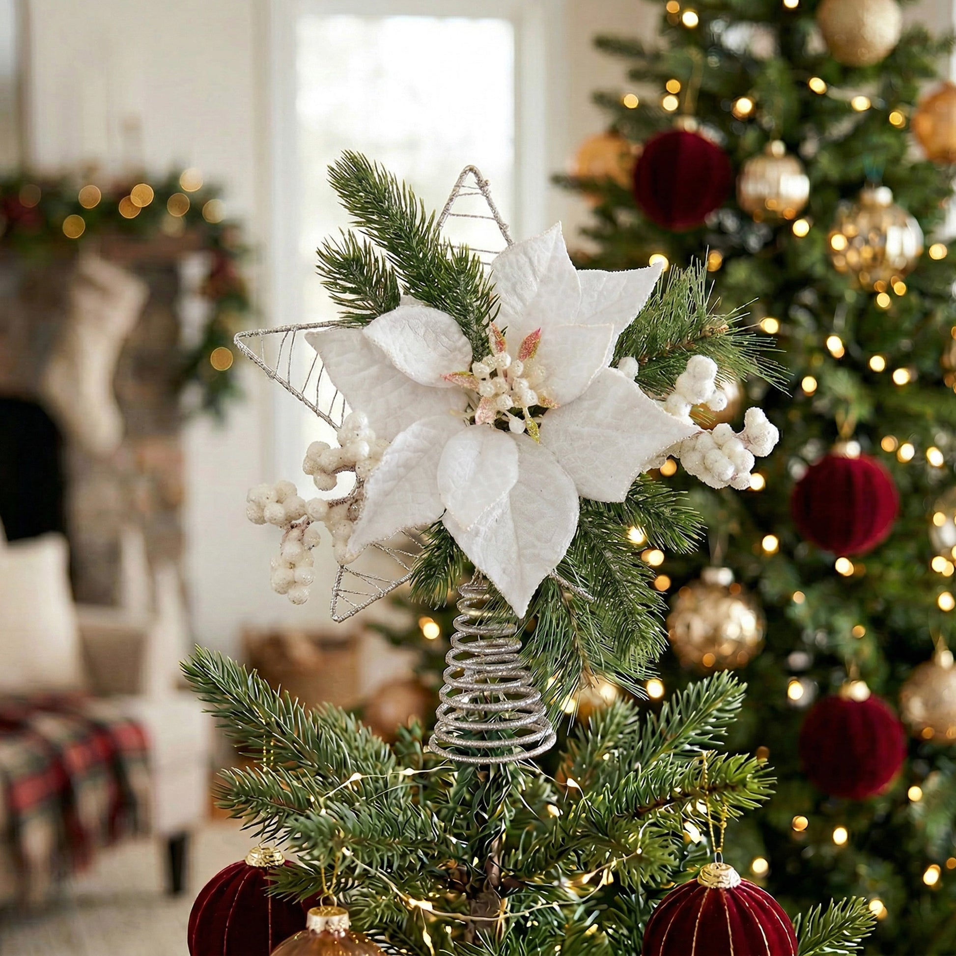 Velvet Poinsettia and Star Tree Topper White, Christmas, Holiday Decor