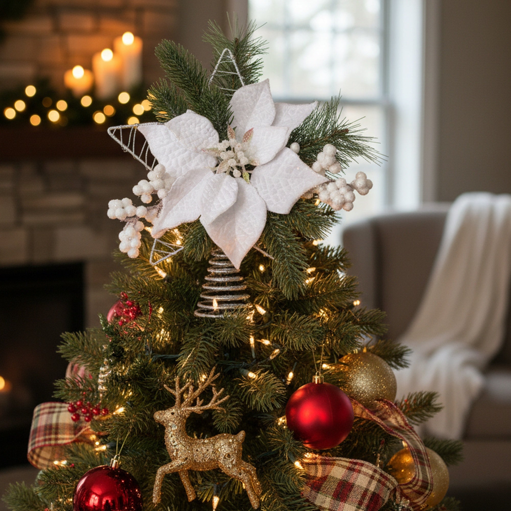 Velvet Poinsettia and Star Tree Topper White, Christmas, Holiday Decor