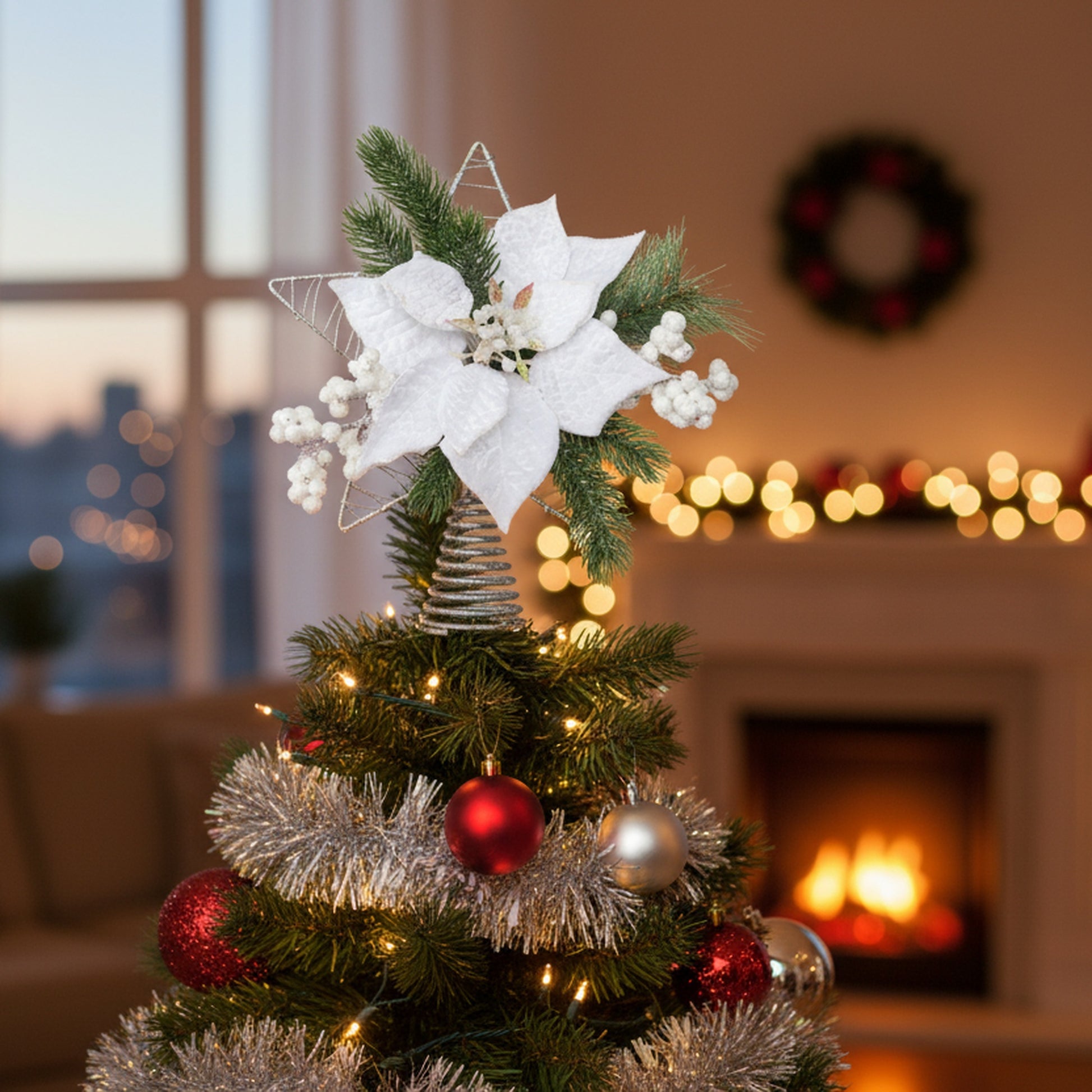 Velvet Poinsettia and Star Tree Topper White, Christmas, Holiday Decor