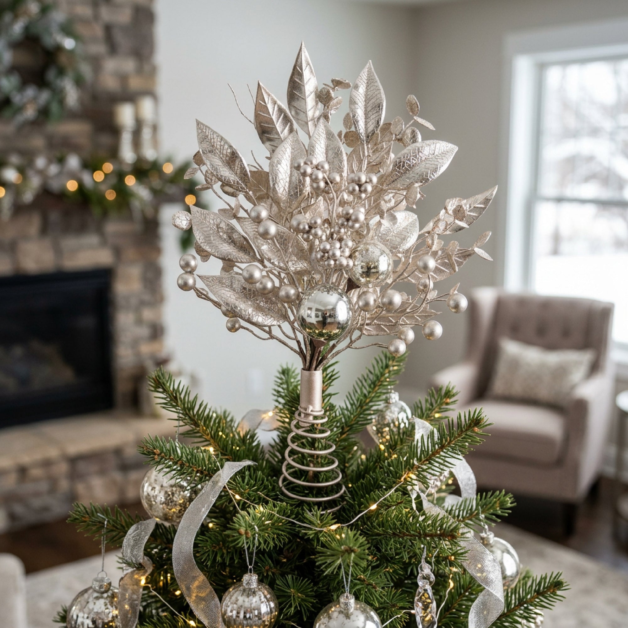 Silver Leaf and Ornament Tree Topper, Ornament, Holiday Decor