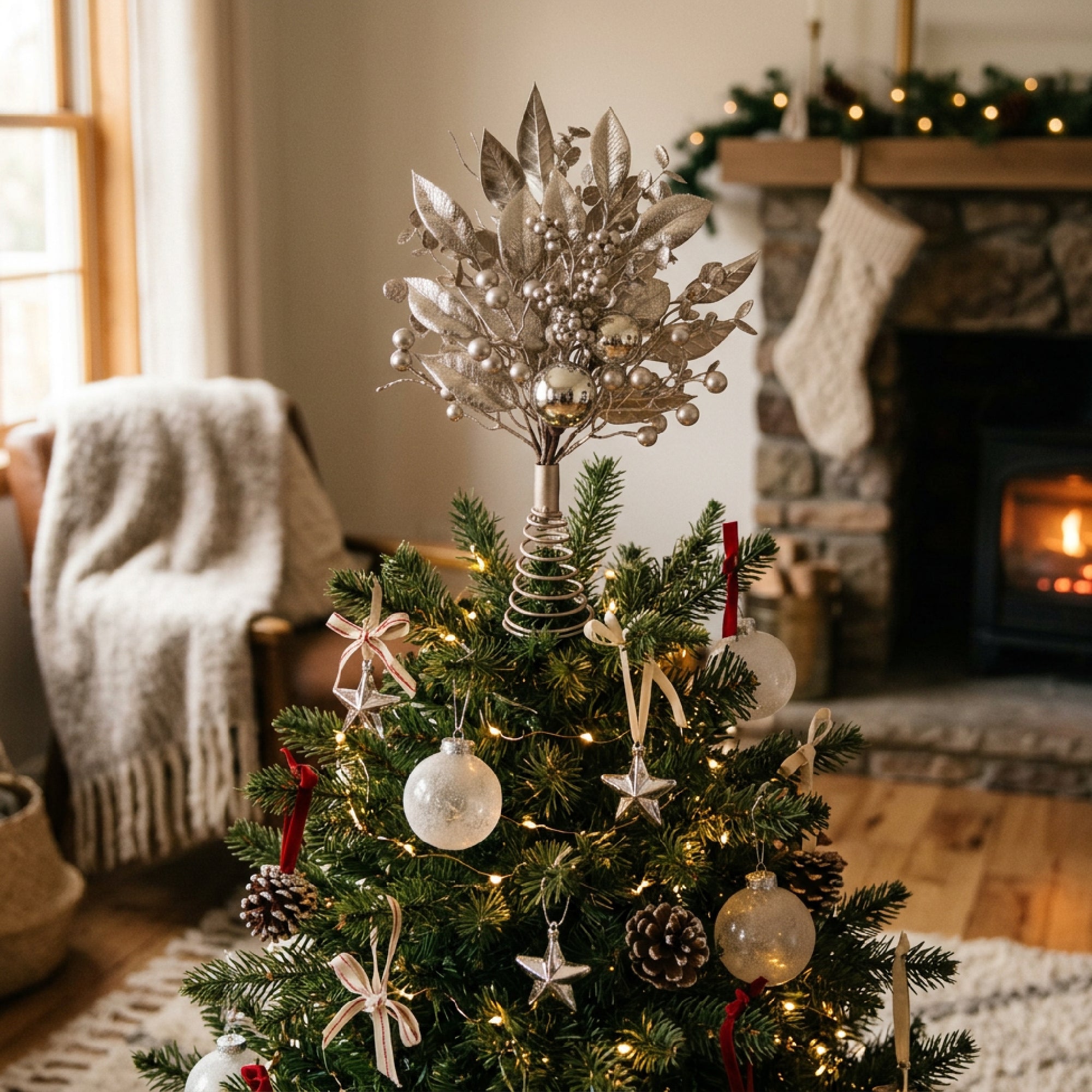 Silver Leaf and Ornament Tree Topper, Ornament, Holiday Decor