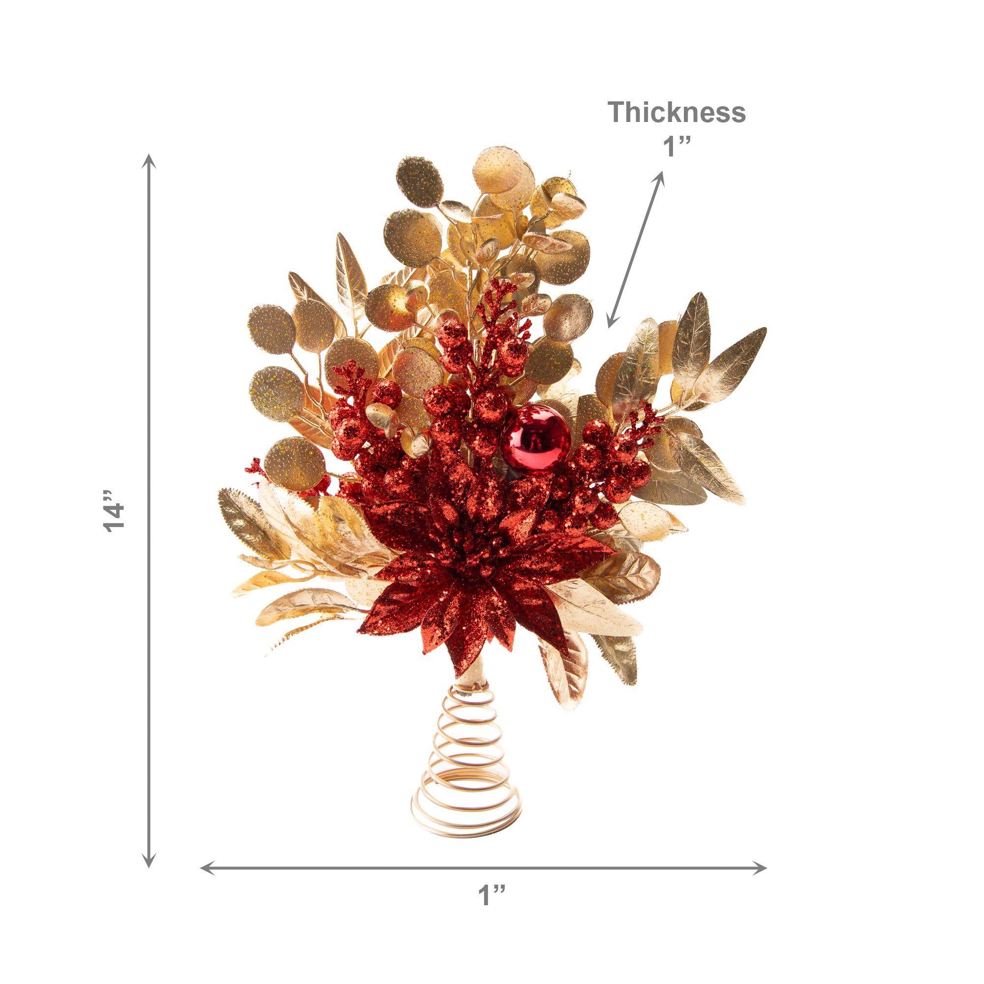 Red Glitter Poinsettia and Gold Leaf Tree Topper, Christmas, Holiday Decor