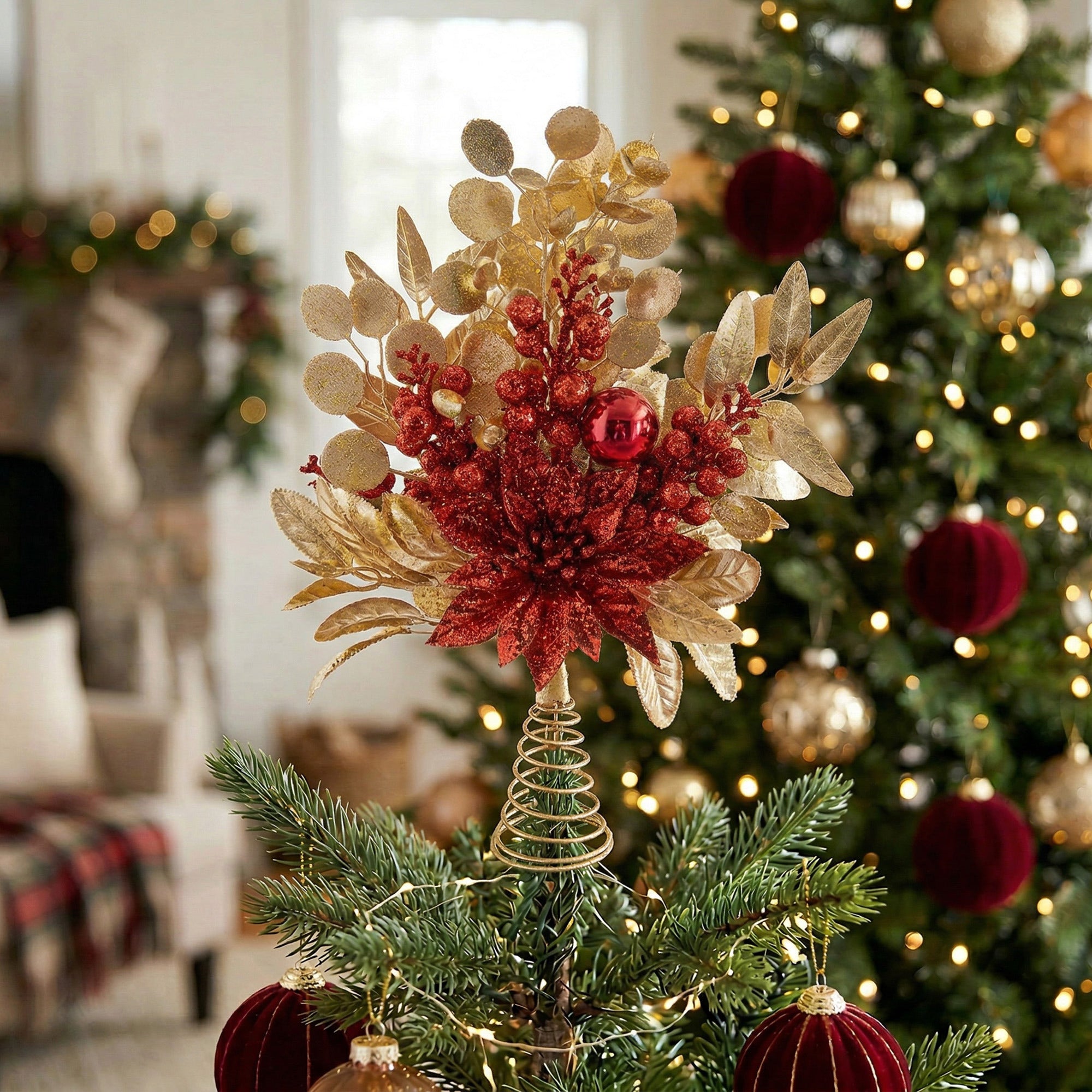 Red Glitter Poinsettia and Gold Leaf Tree Topper, Christmas, Holiday Decor