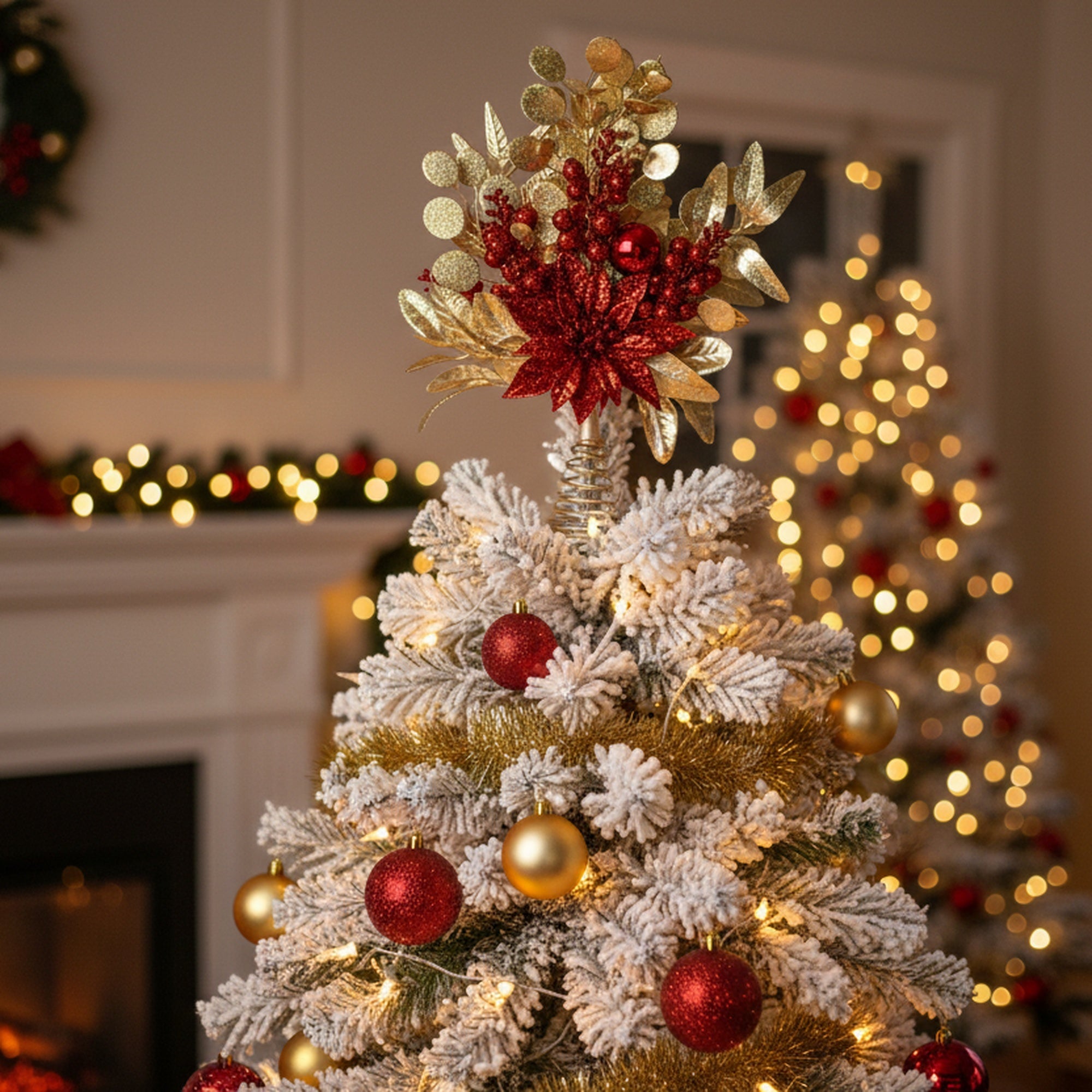 Red Glitter Poinsettia and Gold Leaf Tree Topper, Christmas, Holiday Decor