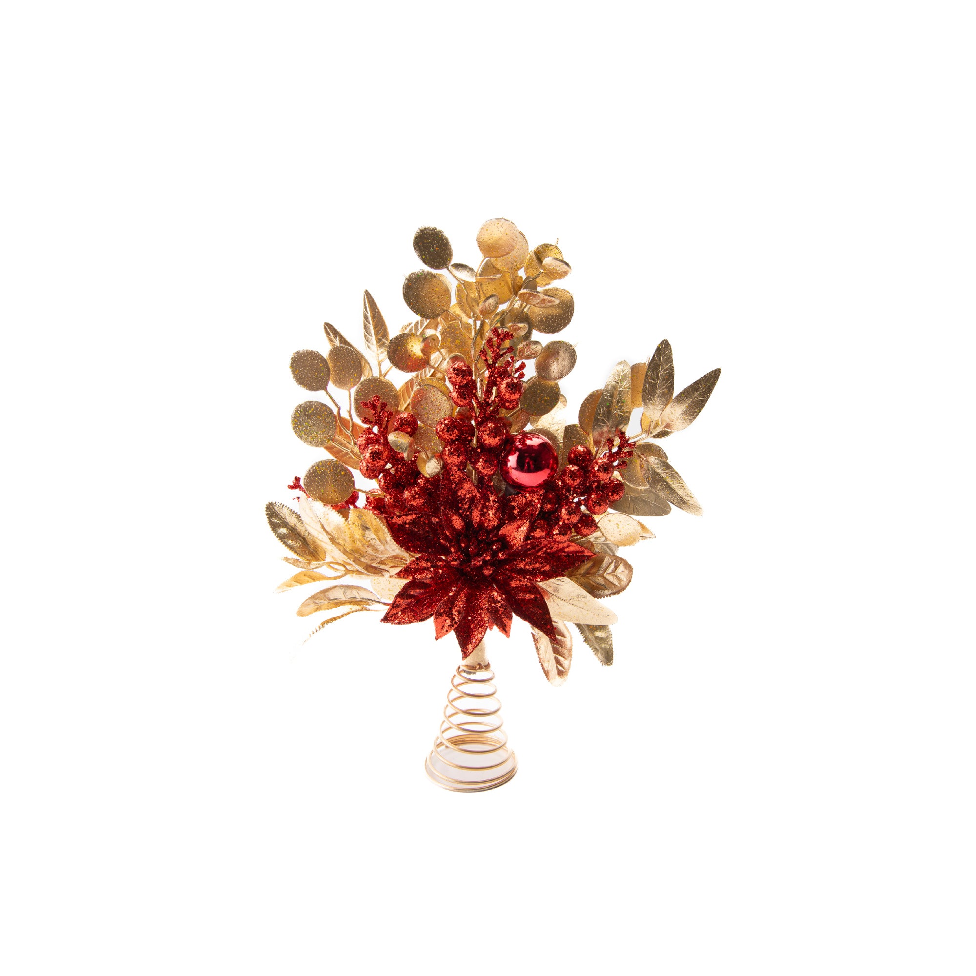 Red Glitter Poinsettia and Gold Leaf Tree Topper, Christmas, Holiday Decor