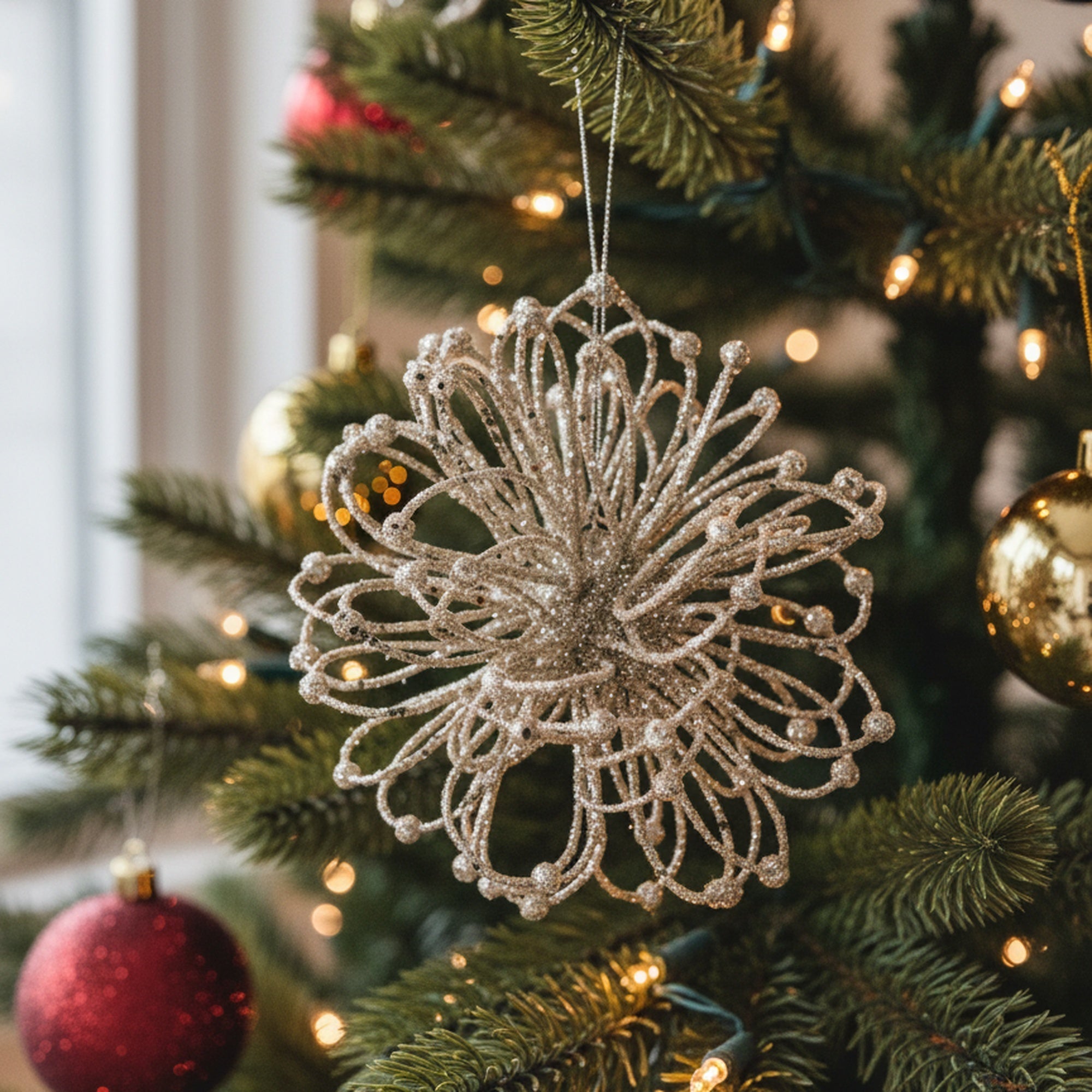 Glitter Floral Loop Ornament, Ornament, Holiday Decor- Set of 2