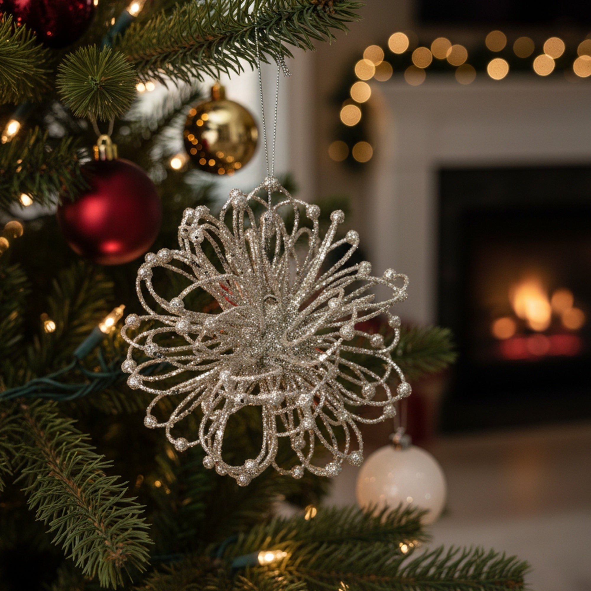 Glitter Floral Loop Ornament, Ornament, Holiday Decor- Set of 2