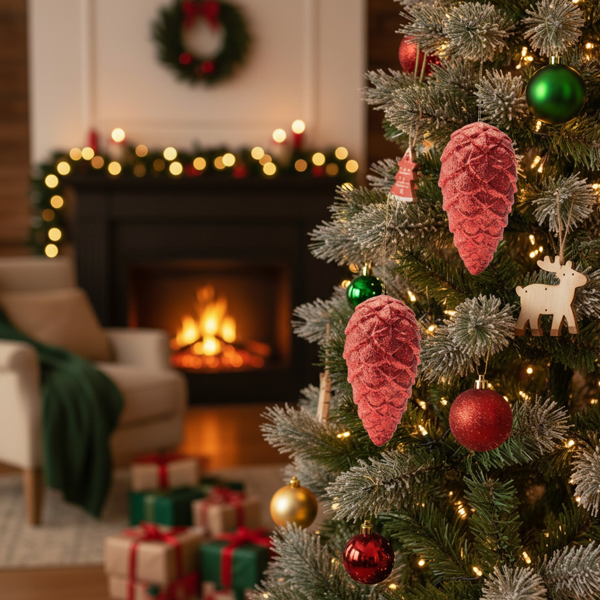 Glitter Pinecone Ornament Red, Christmas, Ornament, Holiday Decor- Set of 2