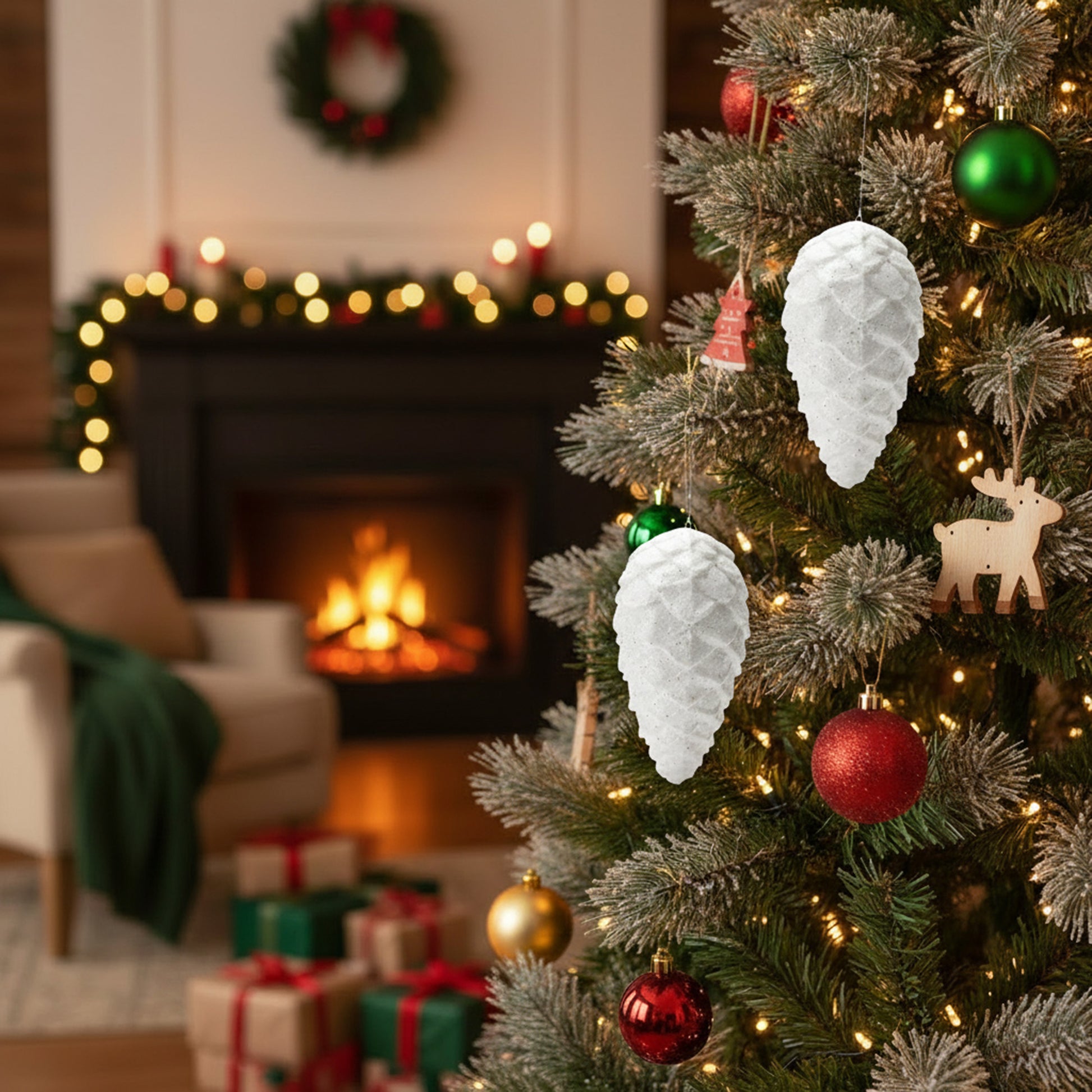 Glitter Pinecone Ornament White, Christmas, Ornament, Holiday Decor- Set of 2