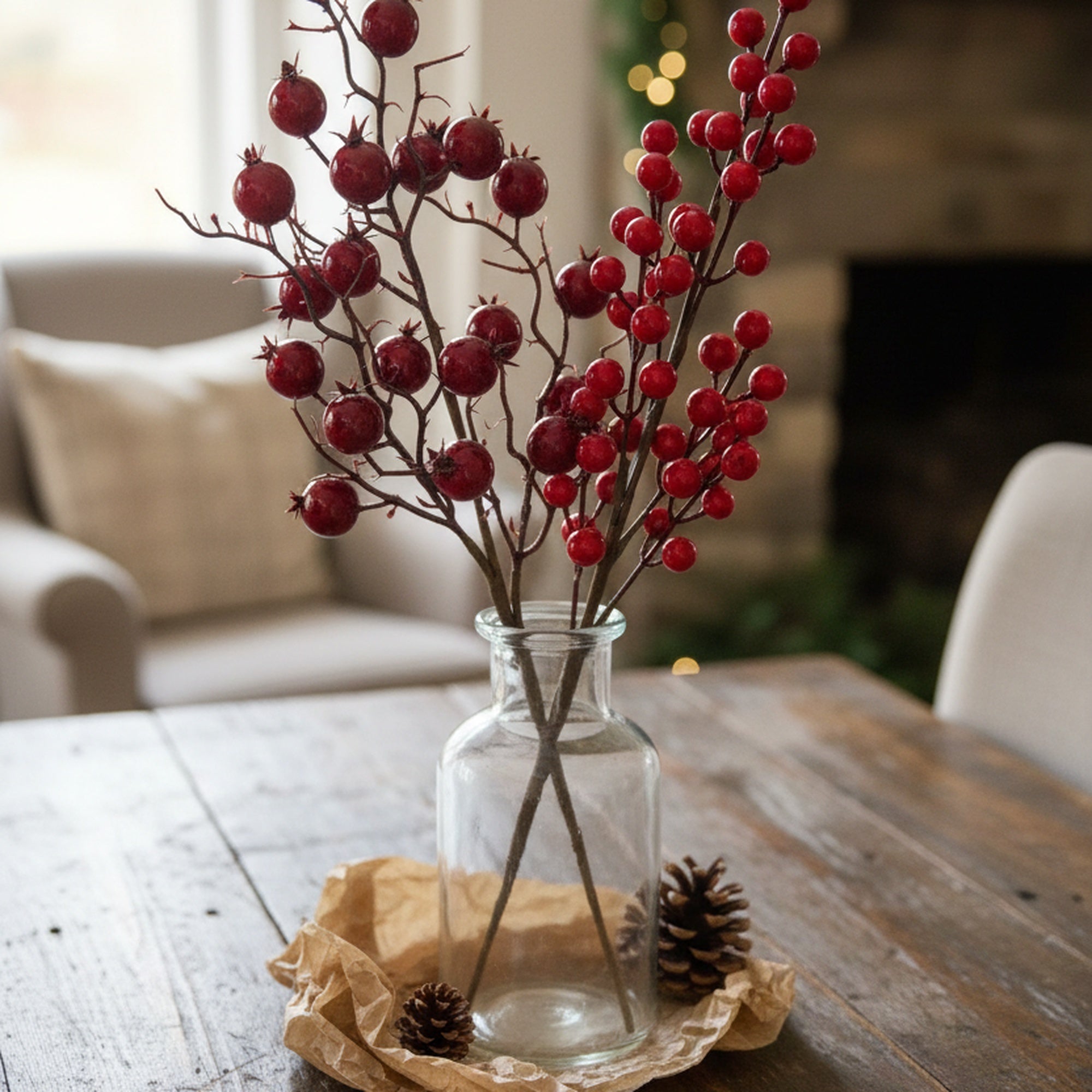 Red Berries Pick Assorted, Floral Pick, Holiday Decor- Set of 6
