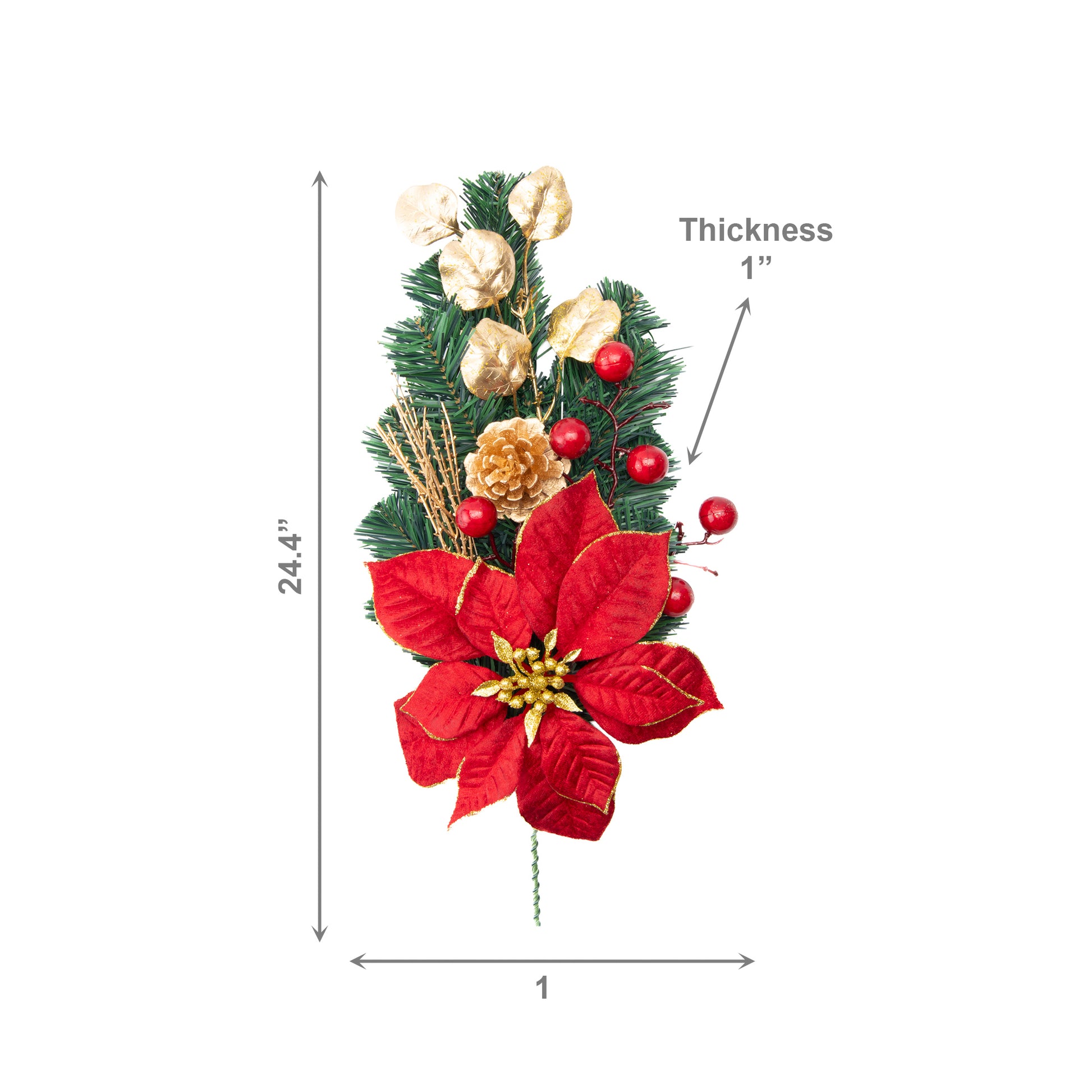 Red Velvet Poinsettia and Gold Pinecone Spray, Christmas, Floral Pick, Holiday Decor- Set of 2
