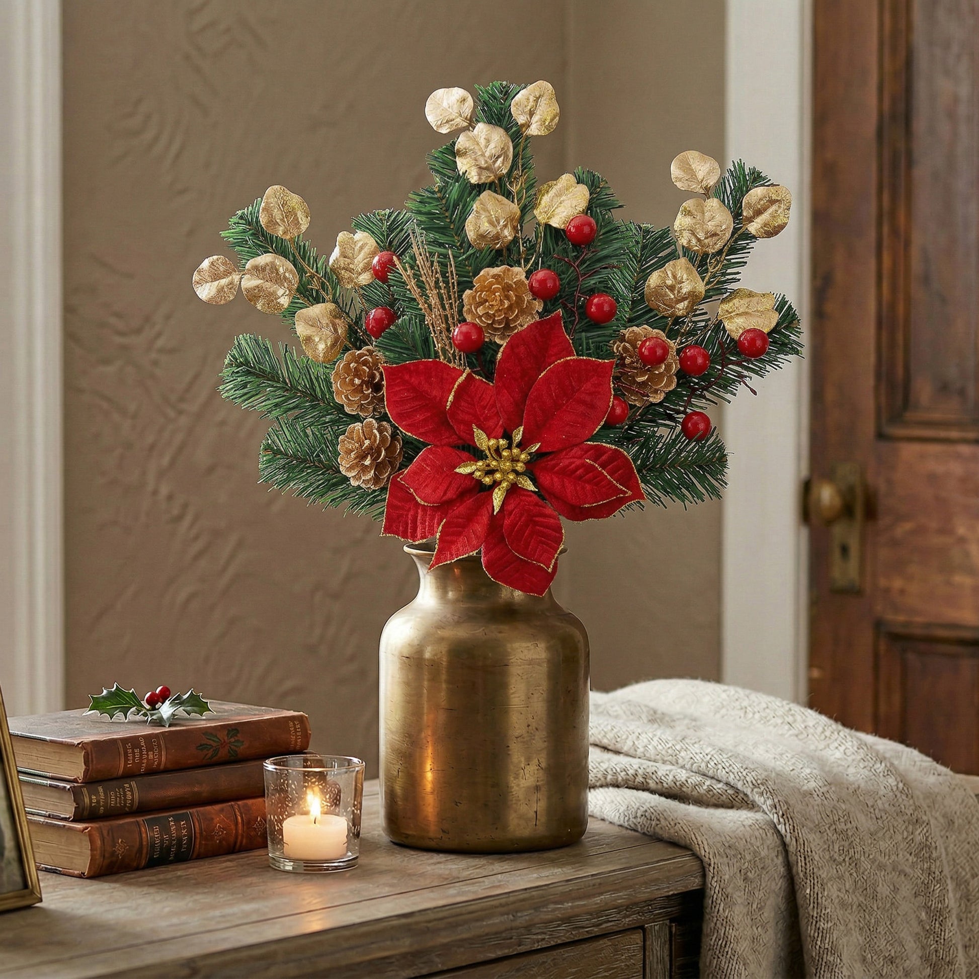 Red Velvet Poinsettia and Gold Pinecone Spray, Christmas, Floral Pick, Holiday Decor- Set of 2