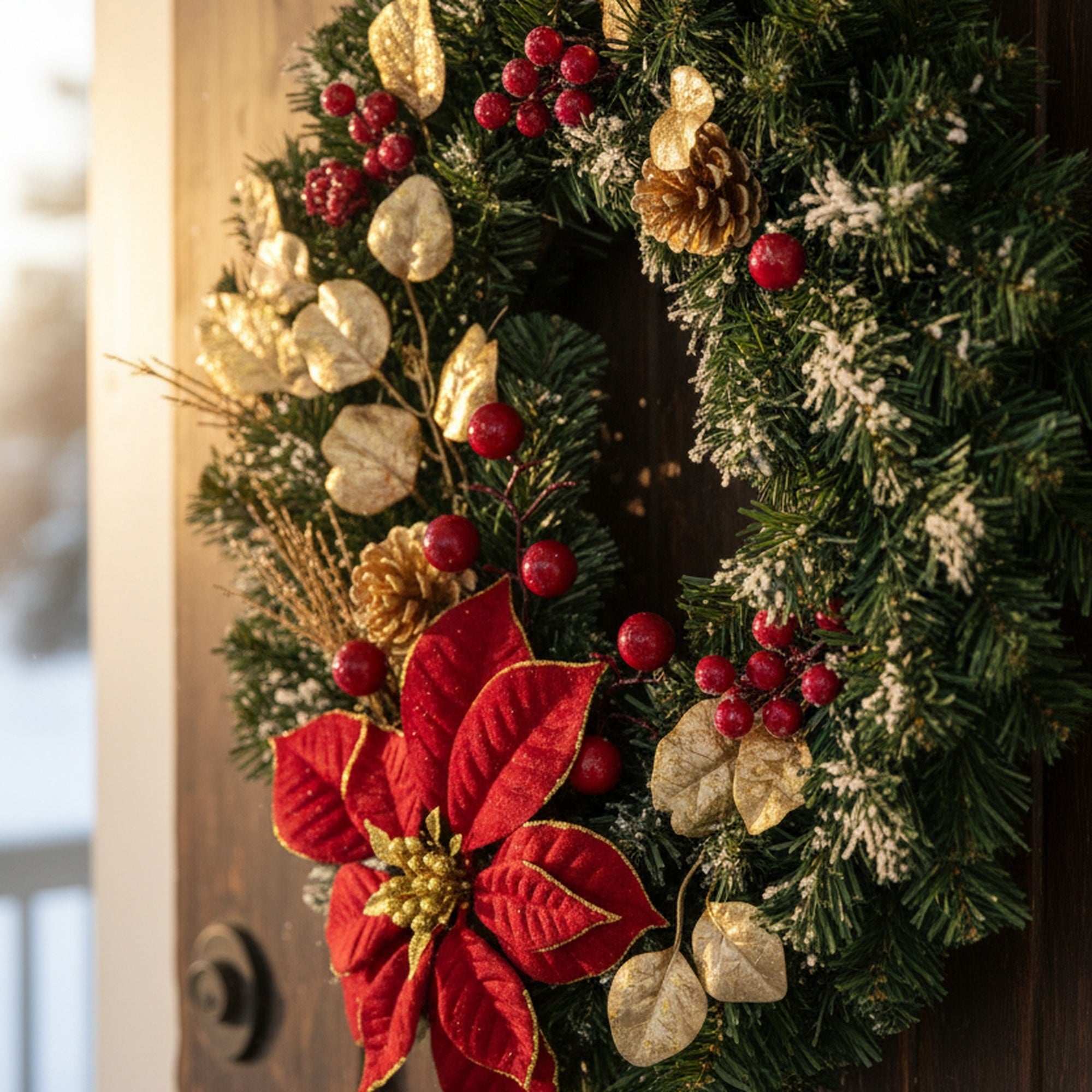 Red Velvet Poinsettia and Gold Pinecone Spray, Christmas, Floral Pick, Holiday Decor- Set of 2