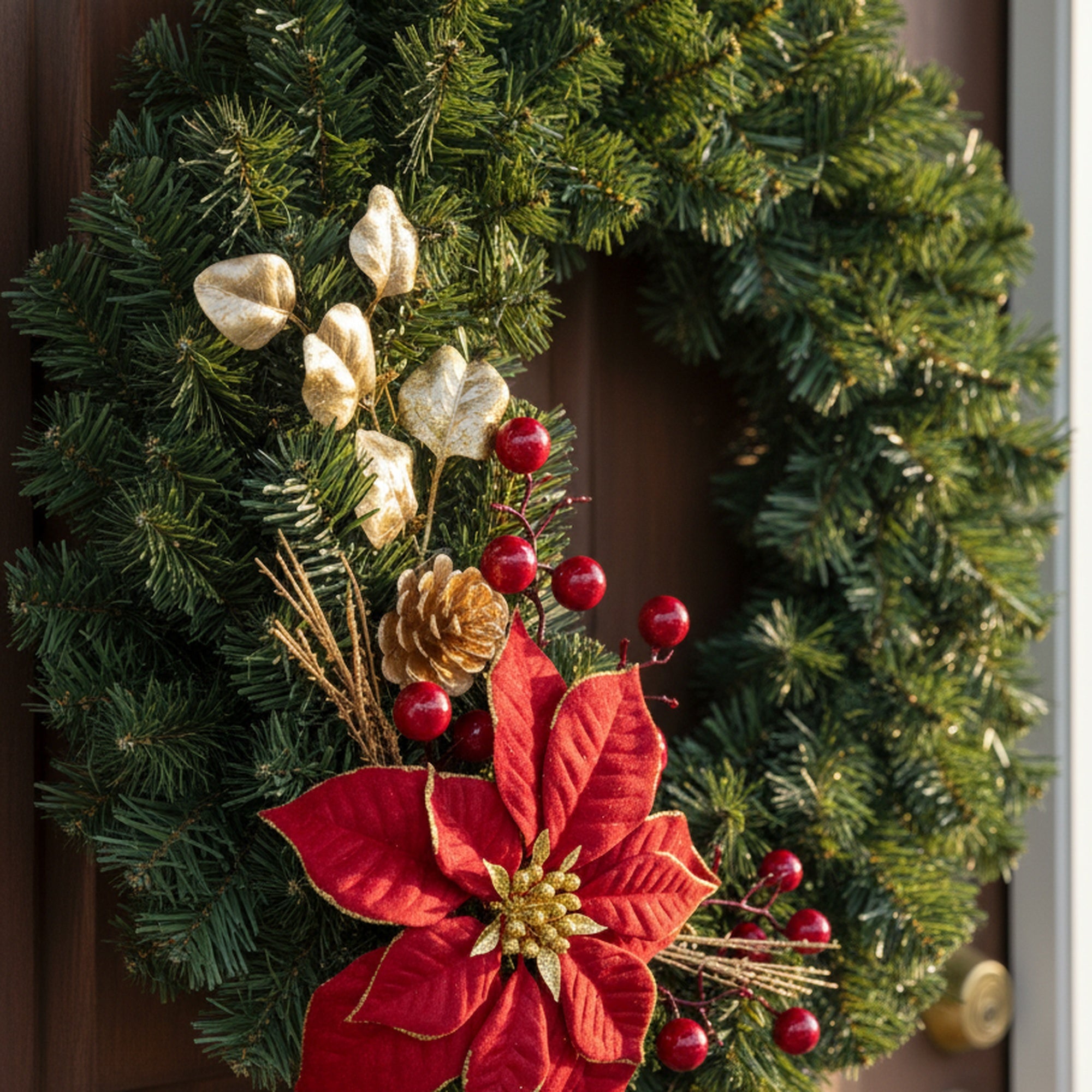 Red Velvet Poinsettia and Gold Pinecone Spray, Christmas, Floral Pick, Holiday Decor- Set of 2