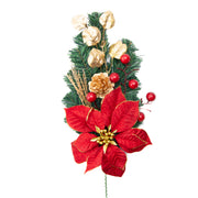 Red Velvet Poinsettia and Gold Pinecone Spray, Christmas, Floral Pick, Holiday Decor- Set of 2