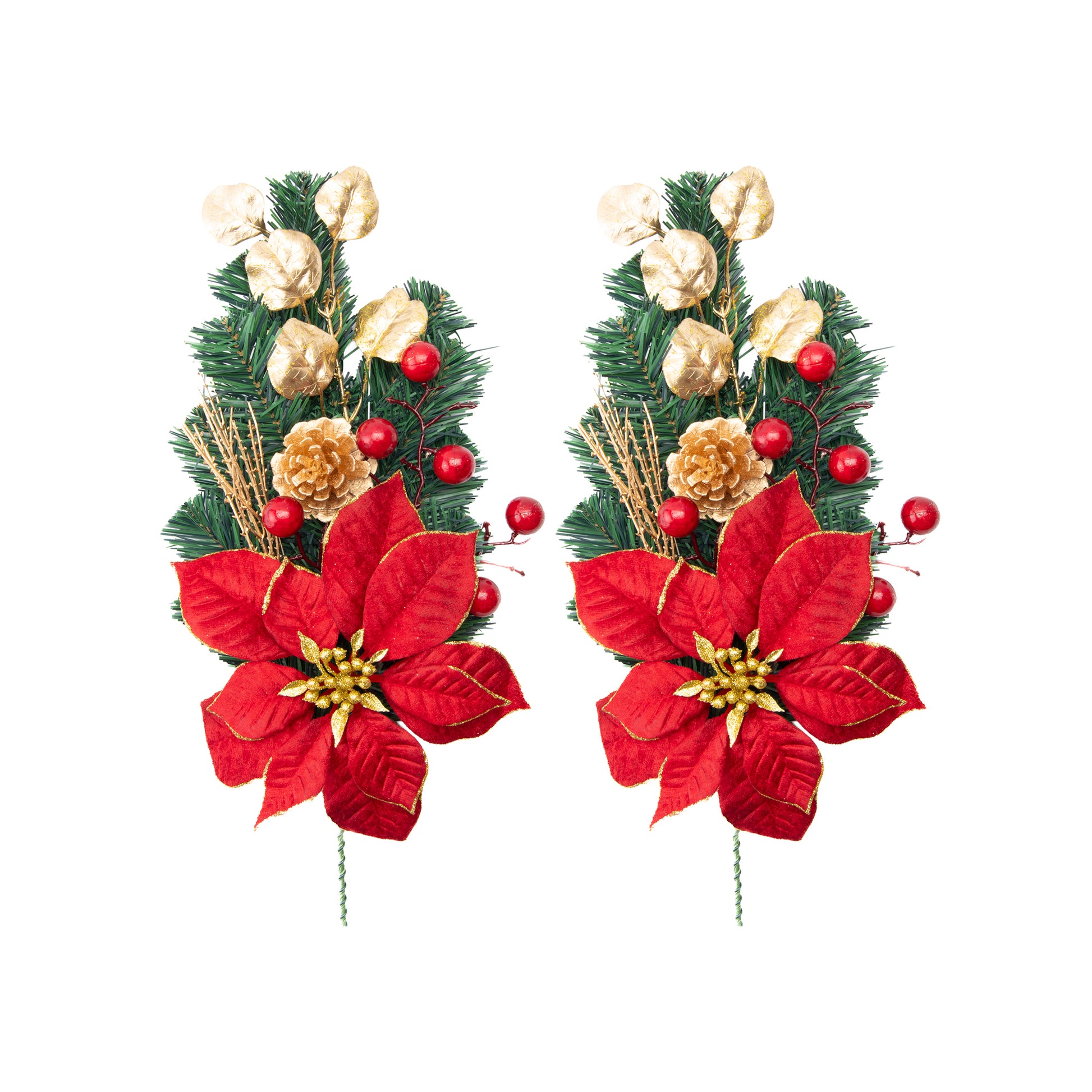 Red Velvet Poinsettia and Gold Pinecone Spray, Christmas, Floral Pick, Holiday Decor- Set of 2
