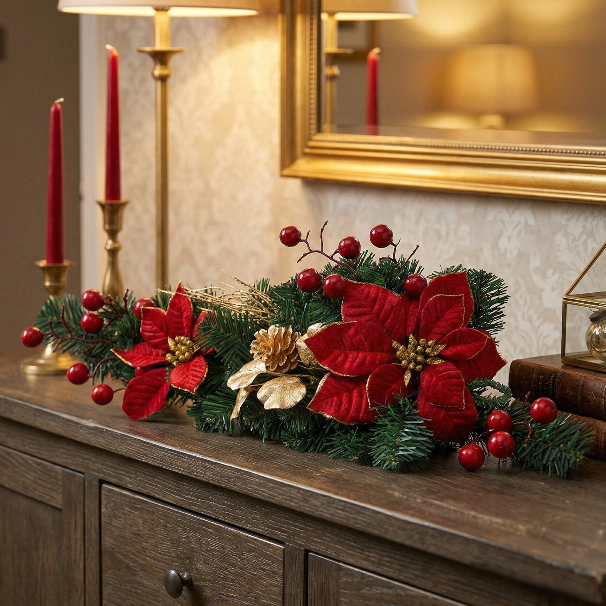 Red Velvet Poinsettia and Gold Pinecone Swag, Christmas, Garland, Holiday Decor