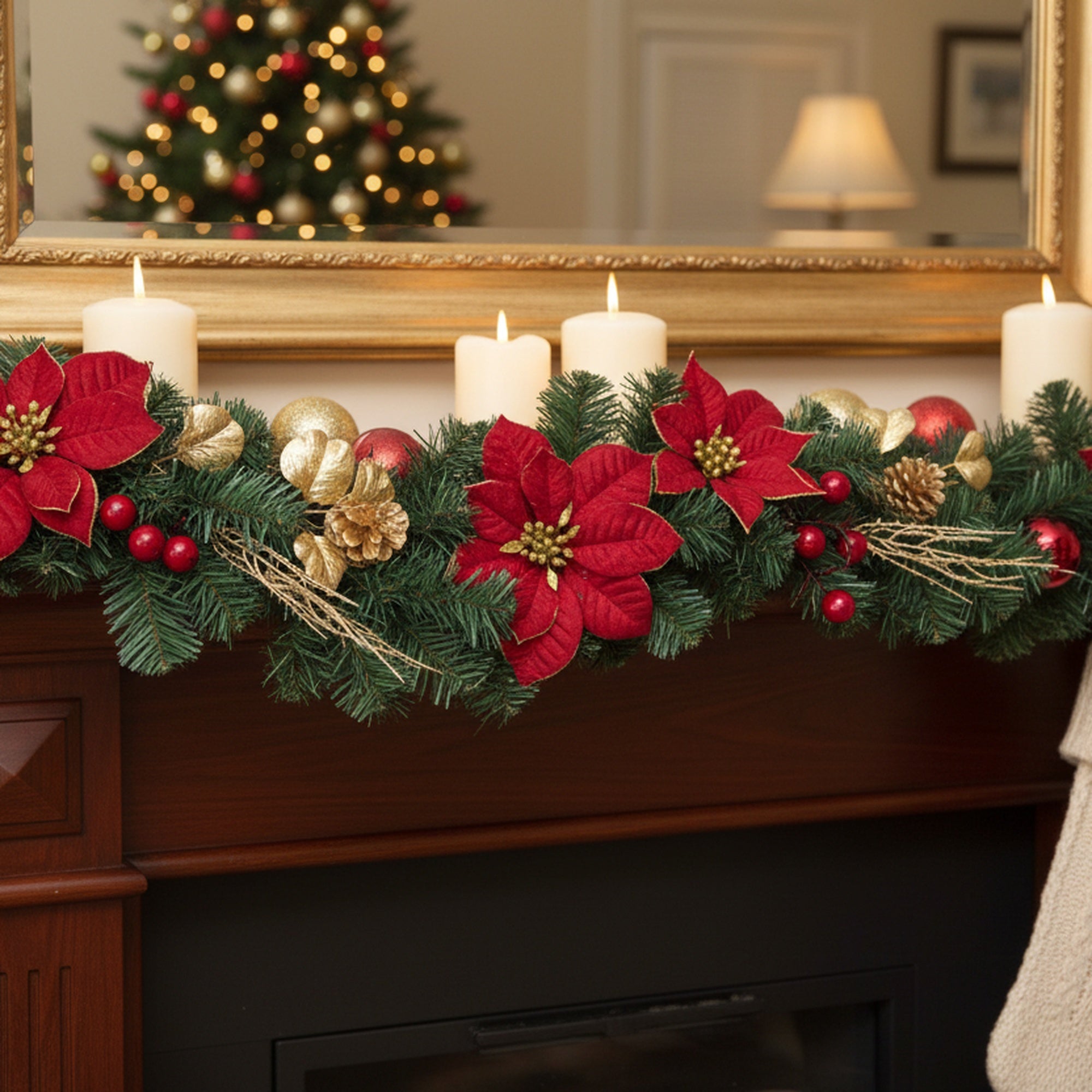 Red Velvet Poinsettia and Gold Pinecone Swag, Christmas, Garland, Holiday Decor