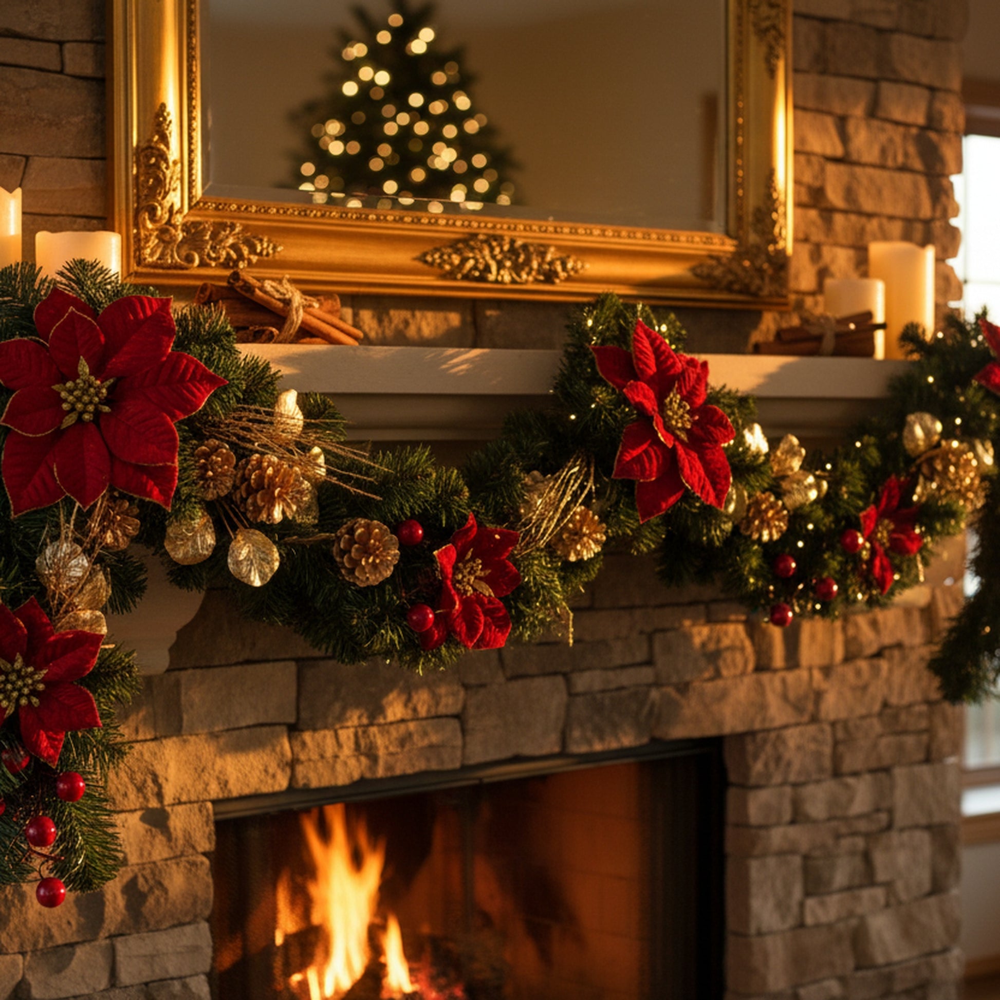 Red Velvet Poinsettia and Gold Pinecone Swag, Christmas, Garland, Holiday Decor