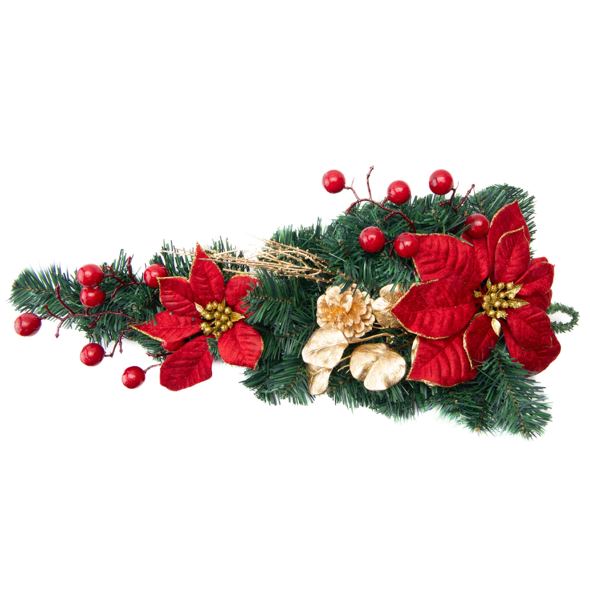 Red Velvet Poinsettia and Gold Pinecone Swag, Christmas, Garland, Holiday Decor