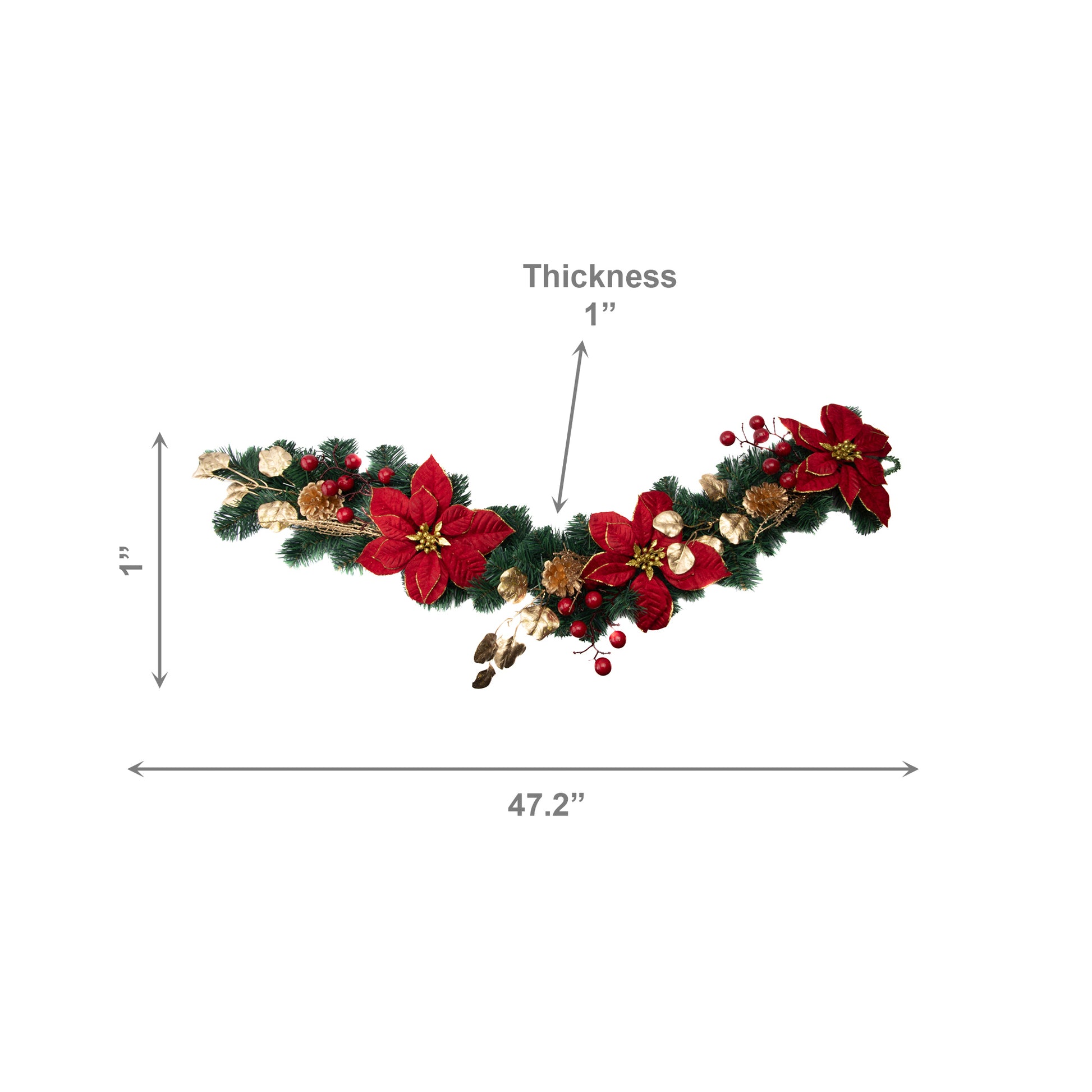 Red Velvet Poinsettia and Gold Pinecone Garland, Christmas, Garland, Holiday Decor