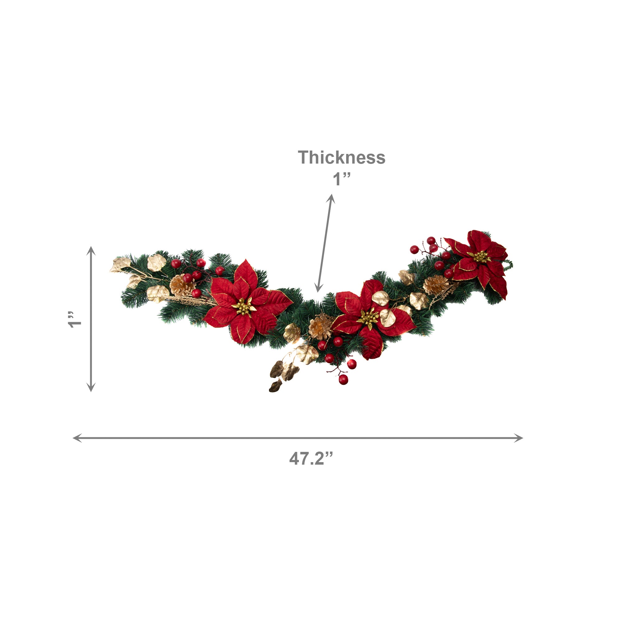Red Velvet Poinsettia and Gold Pinecone Garland, Christmas, Garland, Holiday Decor