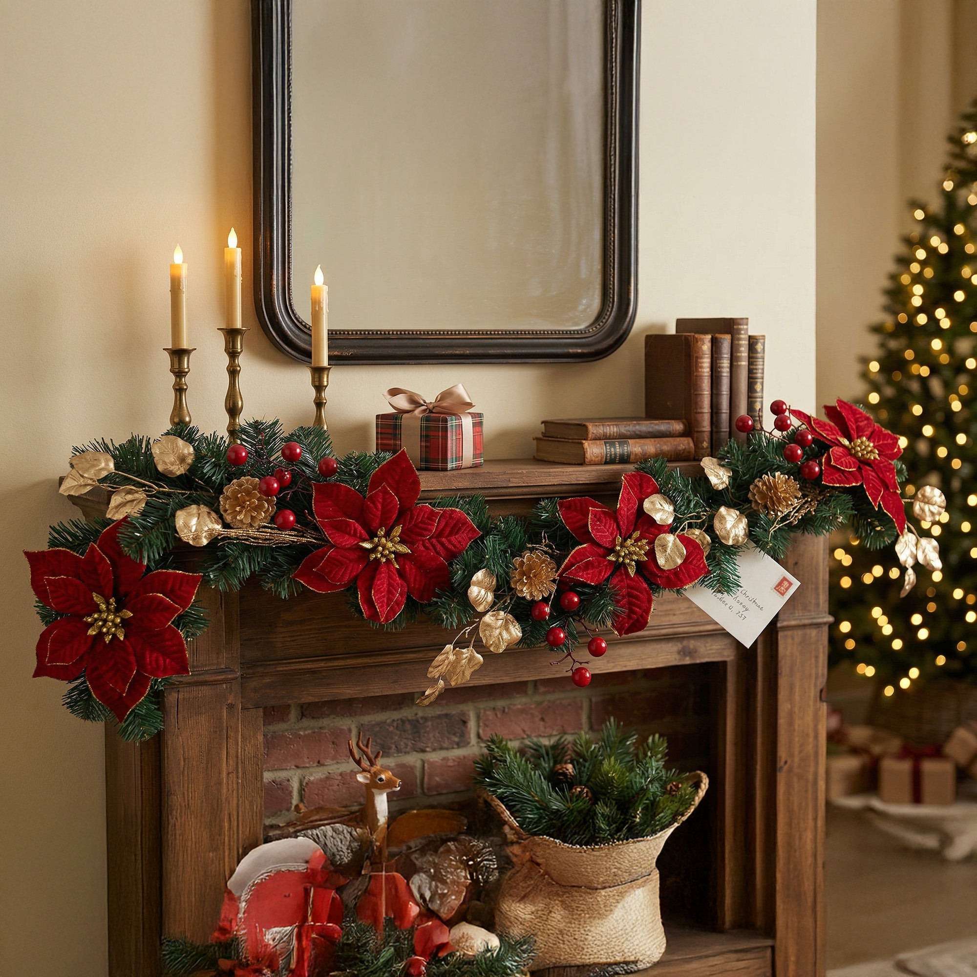 Red Velvet Poinsettia and Gold Pinecone Garland, Christmas, Garland, Holiday Decor
